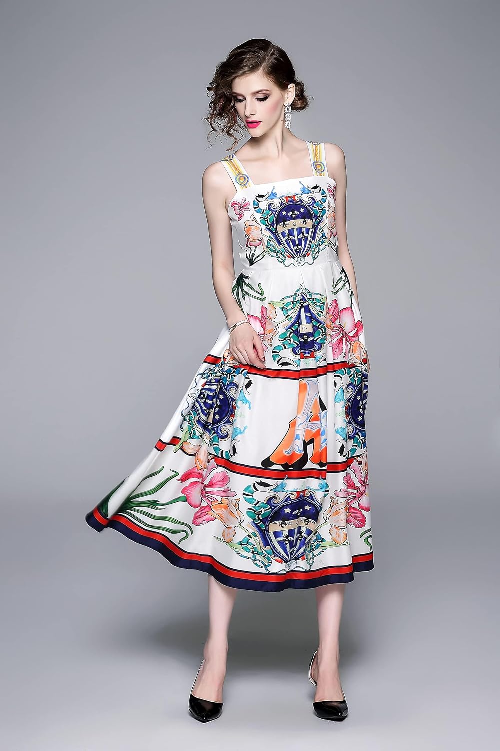 LAI MENG FIVE CATS Womens Summer Boho Floral Print Spaghetti Strap Square Neck Flowy Beach Maxi Sun Dress