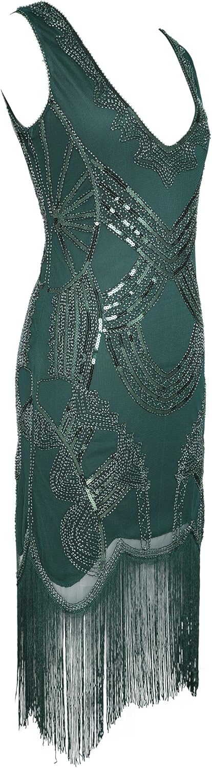 Women's 1920s Gatsby Dress V Neck Sequin Bead Fringed Cocktail Hem Flapper Dress - Image 3