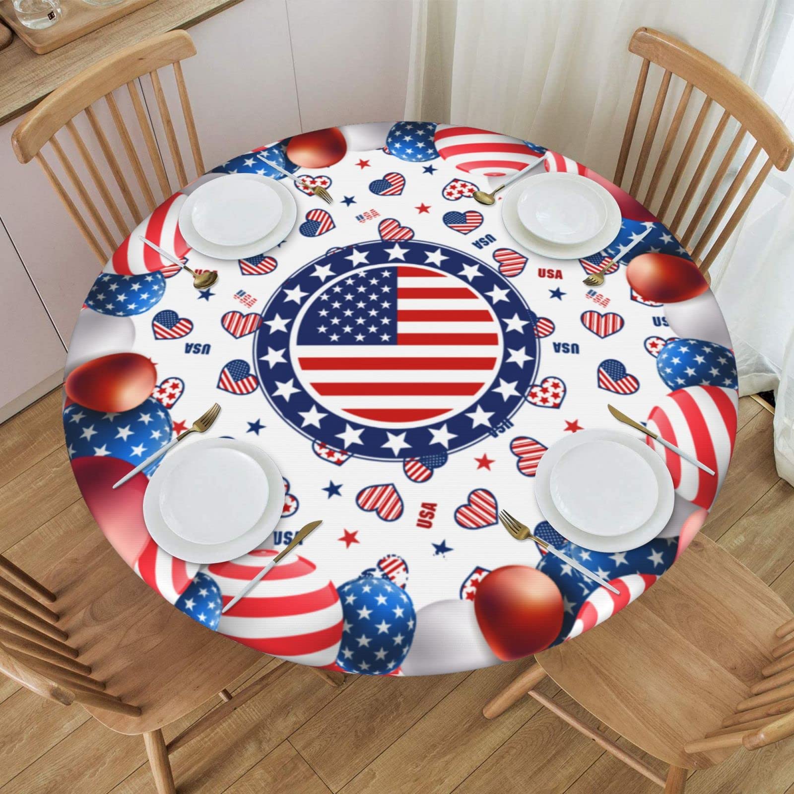 4th of July American Flag Round Tablecloth Elastic Fitted Table Cover Washable Elastic Edge Tablecloths for Kitchen Dining Party Fitted Table 45-50