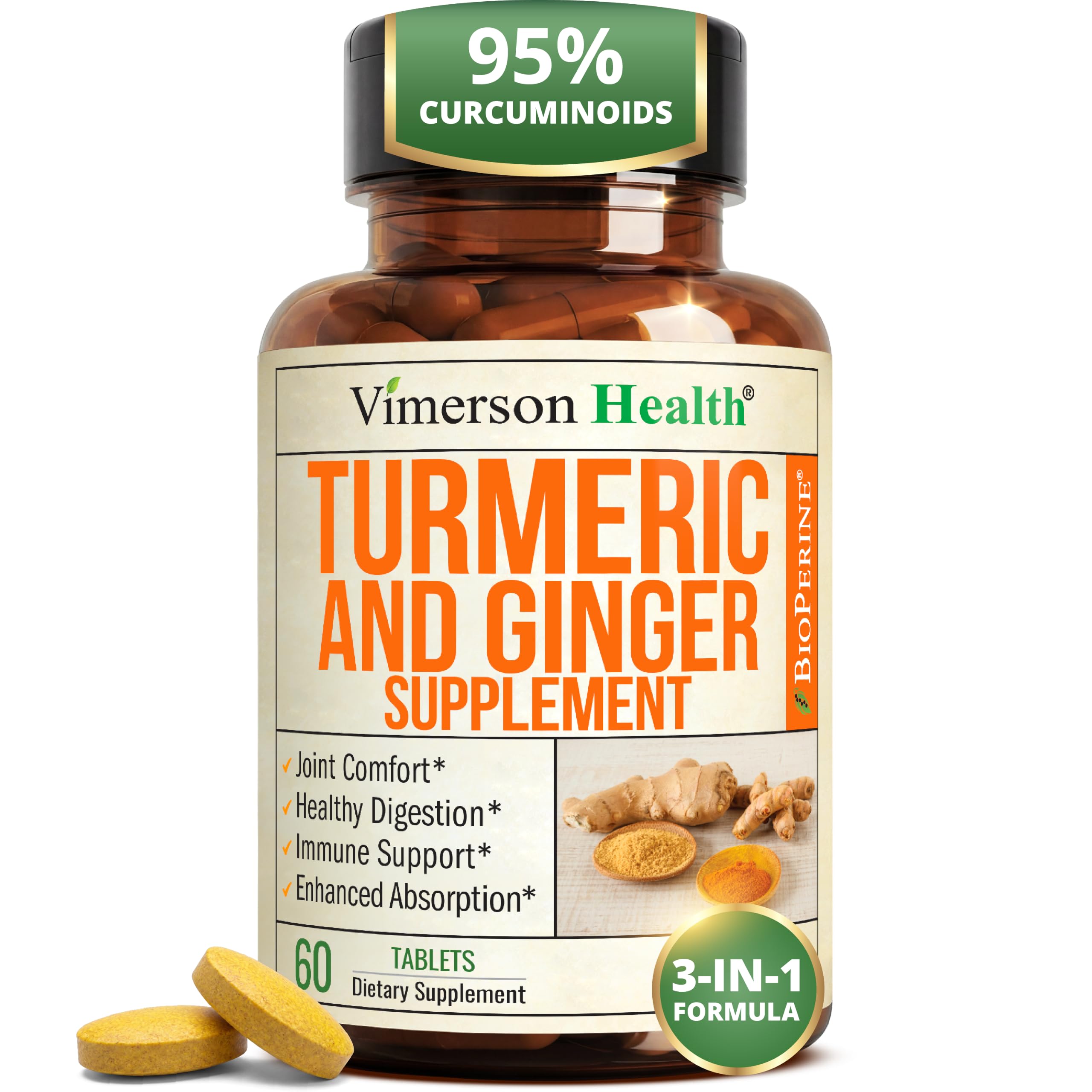 Turmeric and Ginger Supplement - Inflammation & Joint Support. 60 Tablets 60 Count Tablets (Pack of 1)