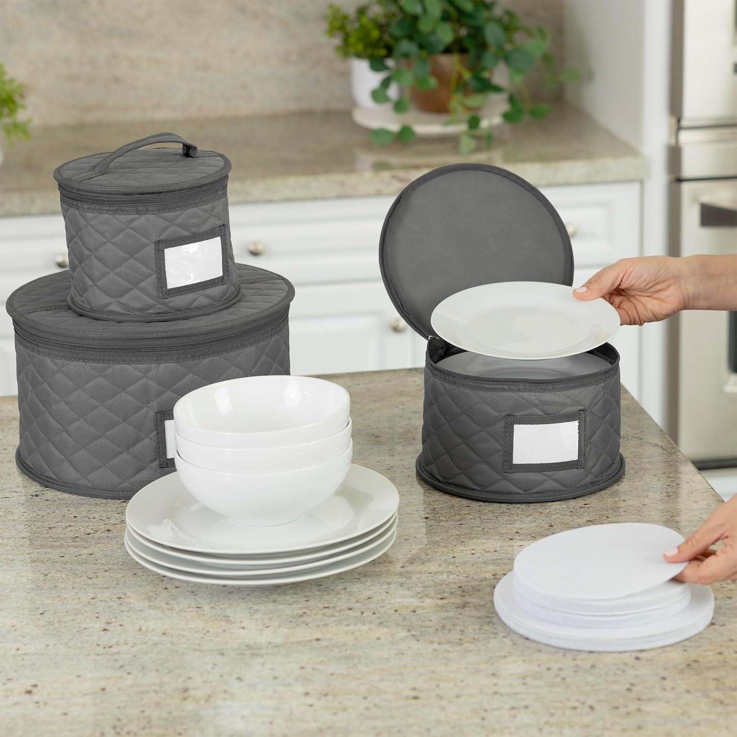 Gray Quilted 8" Bowl and Dessert Plate Storage Case Set