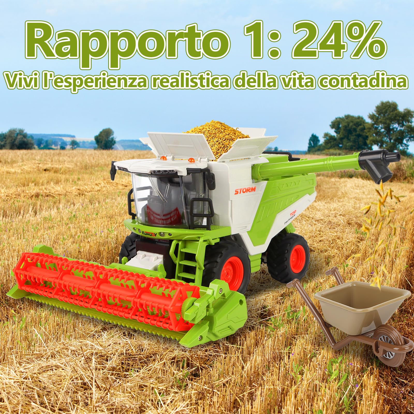 Charmofun Mietitrebbia Telecomandata con Spruzzatura, Trattore Radiocomandato per Bambini, 2,4 Ghz RC Trattore Giocattolo, Giocattoli Agricoltura Playset Regali