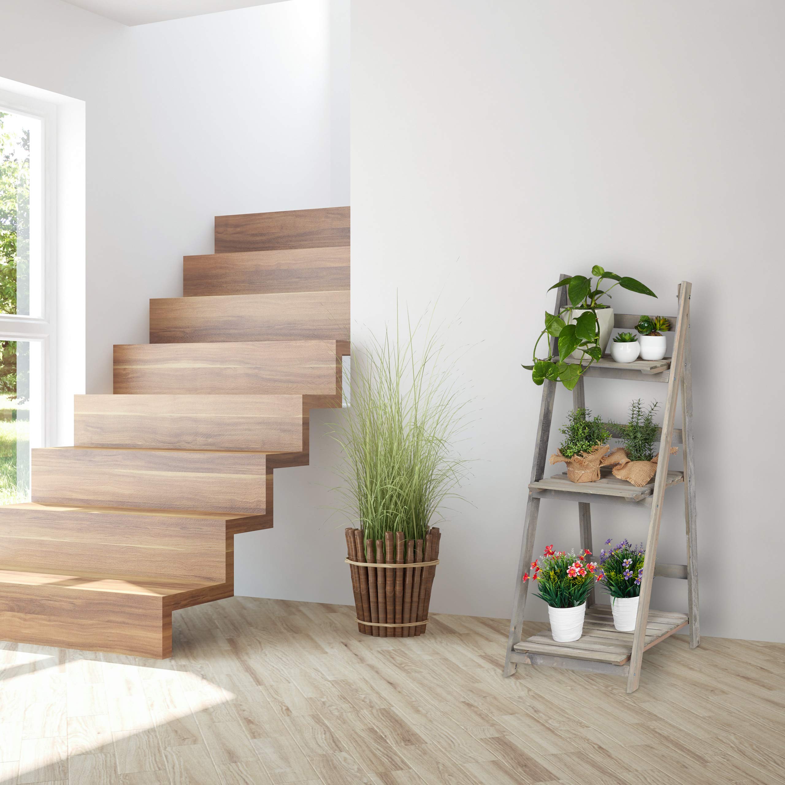 Relaxdays Escalier à fleurs, étagère bois, Escalier plantes échelle pliante intérieur, HxlxP: 108 x 41 x 40 cm, gris