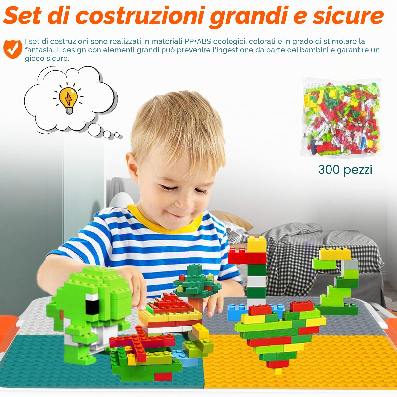 LARS360 Set di mobili per bambini con tavolo e sedie, gruppo multifunzionale con tavolo da costruzione, tavolo per attività a doppio lato, tavolo da gioco per bambini da asilo (fornito con 300