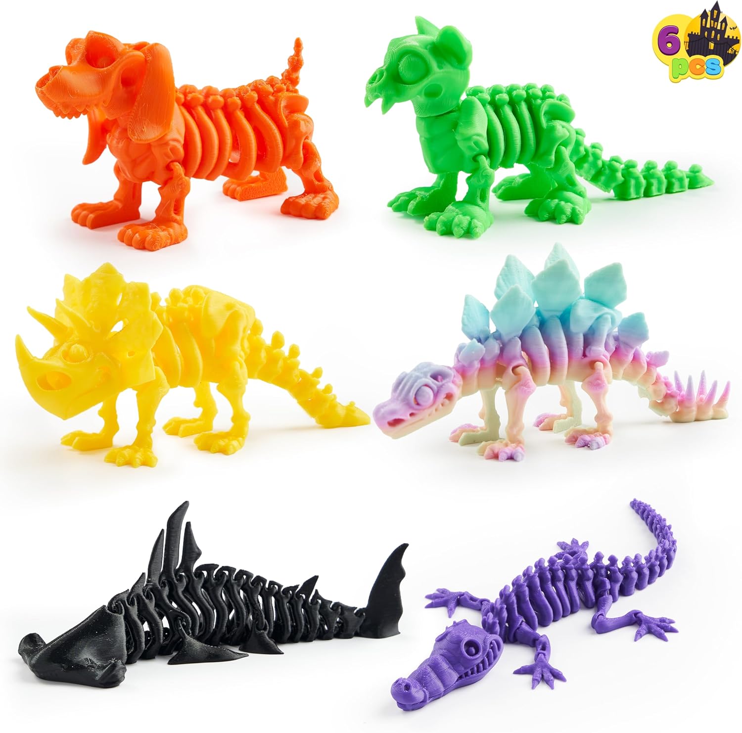 JOYIN 6 PCS Halloween 3D Printed Skeleton Toys, Flexible 3D Printed Animals Fidget Toys for Halloween Party Favor Goodie Bag Fillers, Kids Student School Classroom Prize