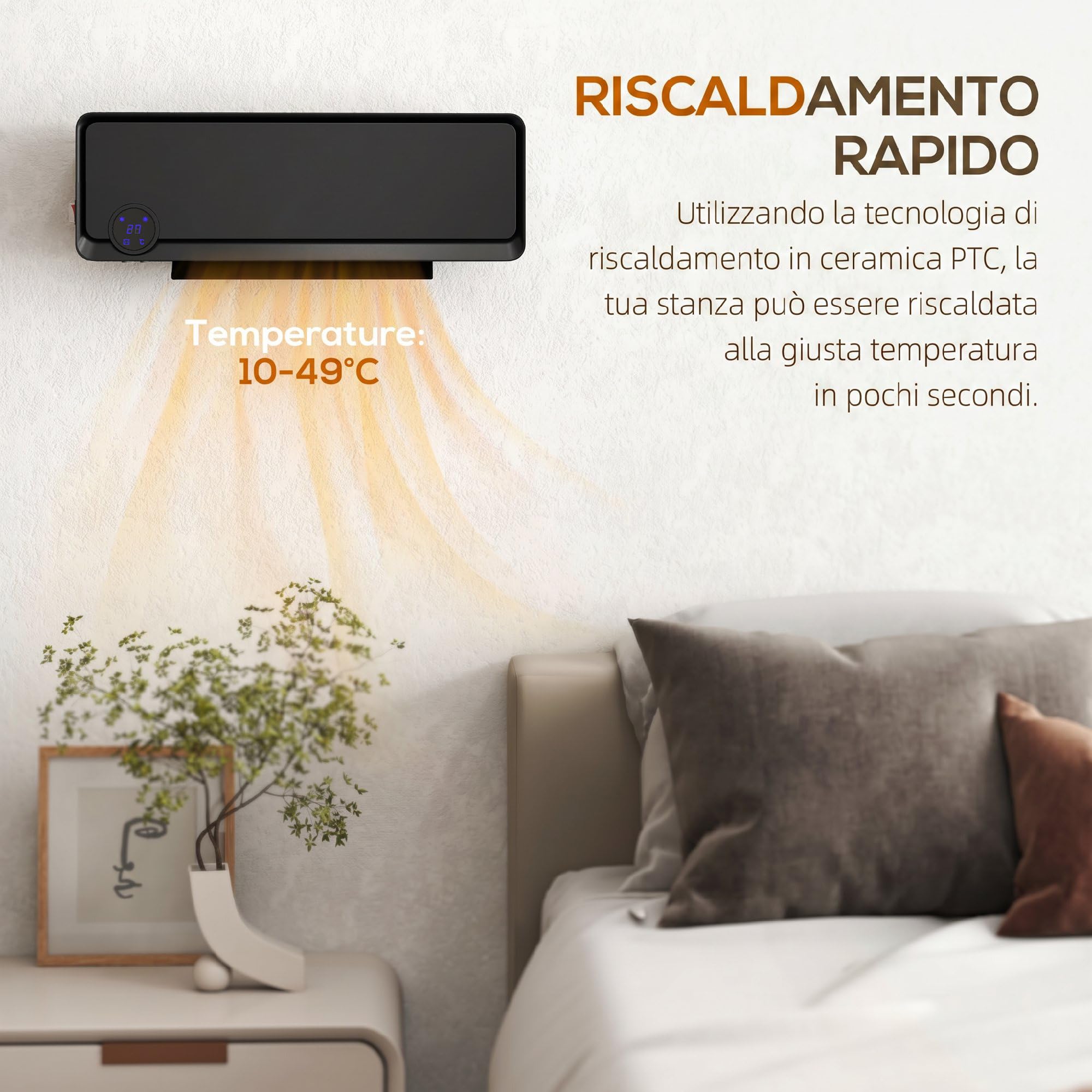 HOMCOM Stufa Elettrica da Parete PTC 56x18.5x11.7 cm Nero | Basso Consumo, 3 Modalità, Timer 12h, Oscillazione 30°, Termosifone Elettrico in PP e PA, con Telecomando