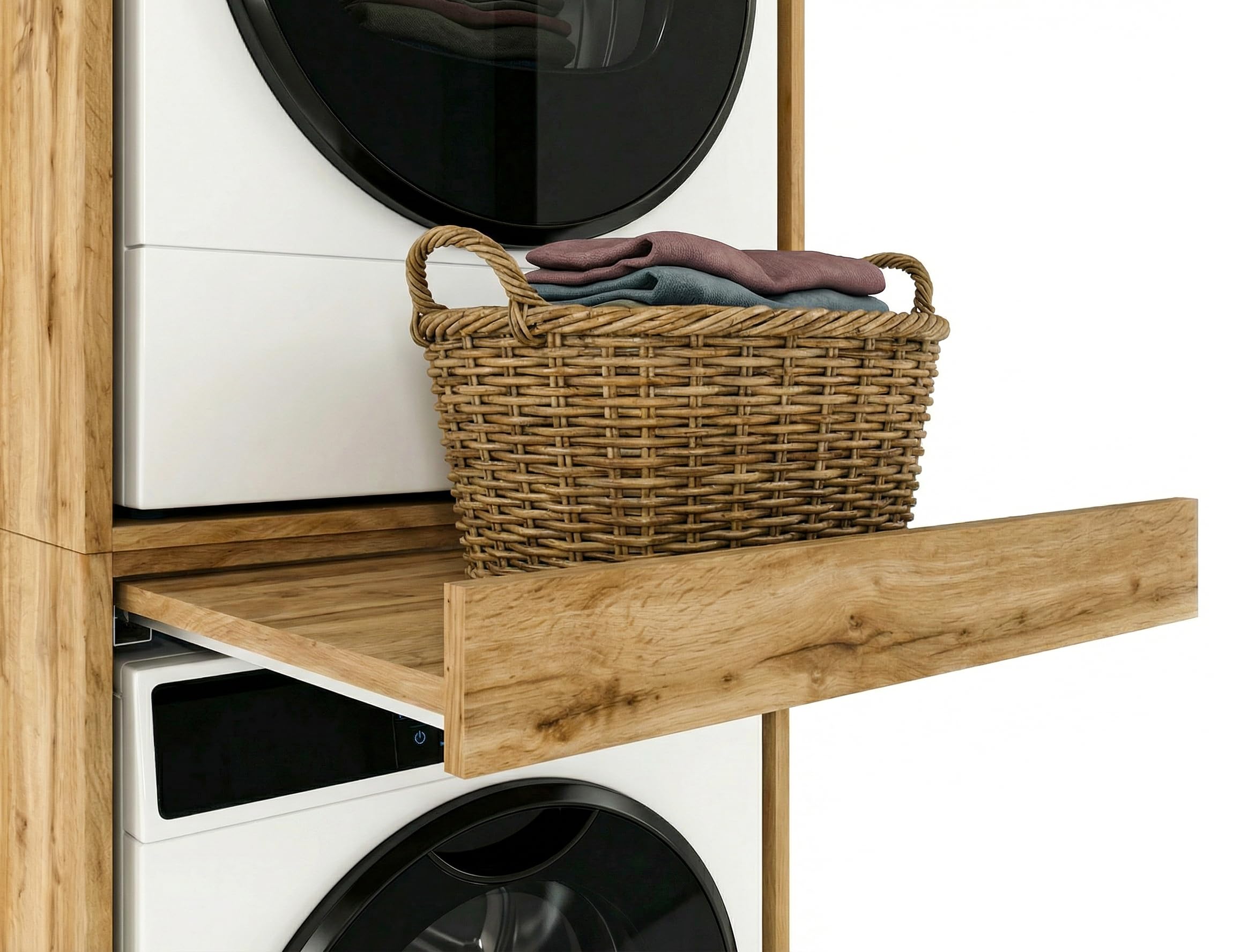 ModernHome Waschmaschinenregal für Waschmaschine und Trockner | Waschturm Schrank mit ausziehbarer Ablage | Waschraum Möbel | Eiche Wotan | Schrank für Waschküche mit Stauraum