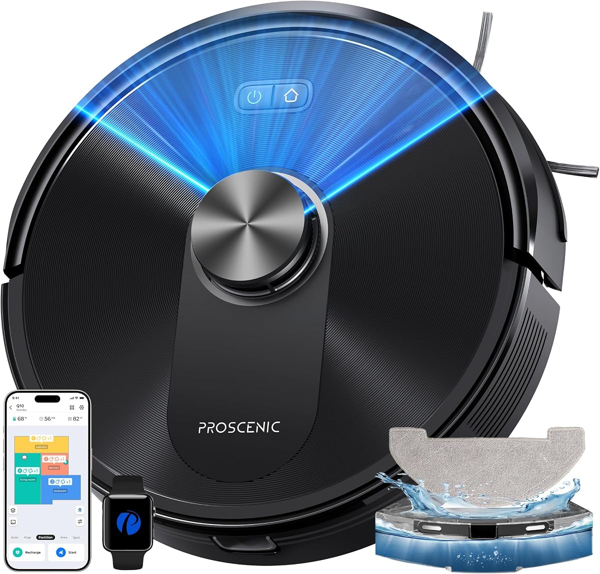Proscenic Saugroboter mit Wischfunktion, 10000Pa 200Min Laufzeit Staubsauger Roboter,Saug und Wischroboter,Laser Navigation mit No-Go-Zonen,App/Alexa/iWatch,Auto Boost für Tierhaare Teppich Böden