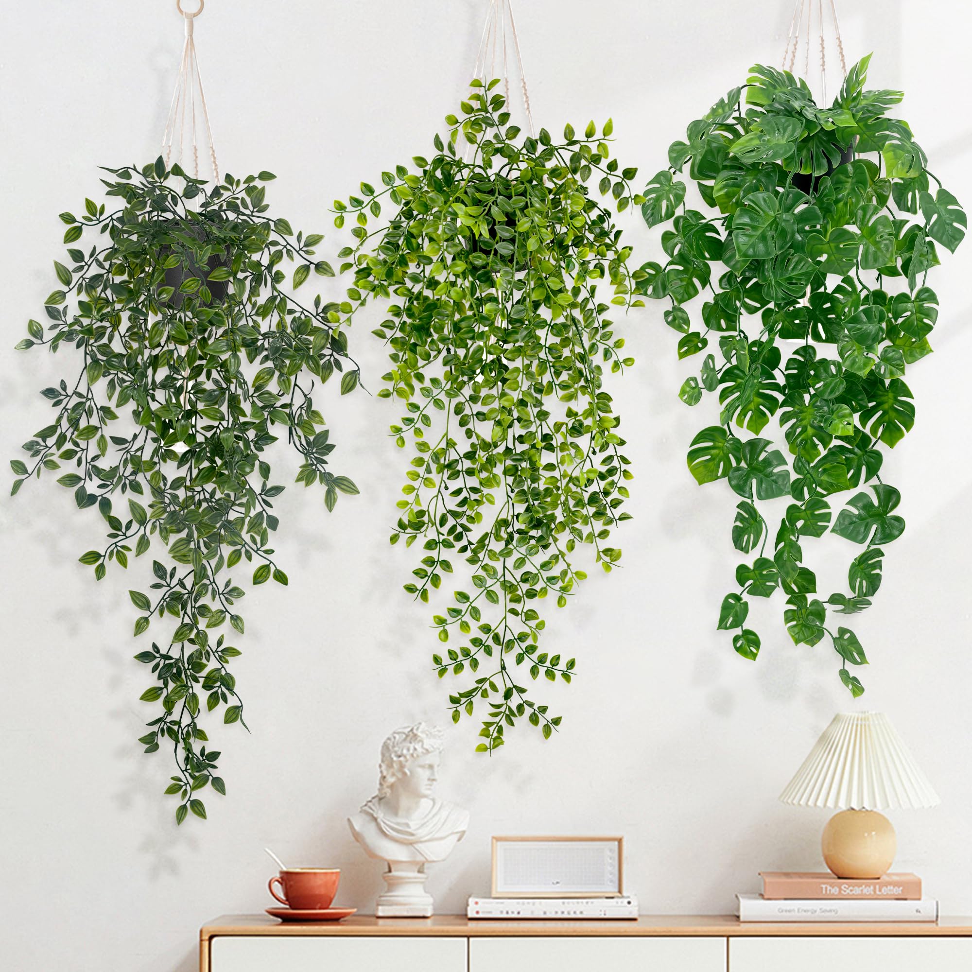 Plantes suspendues artificielles vertes en pot plastique lot de 3 maison