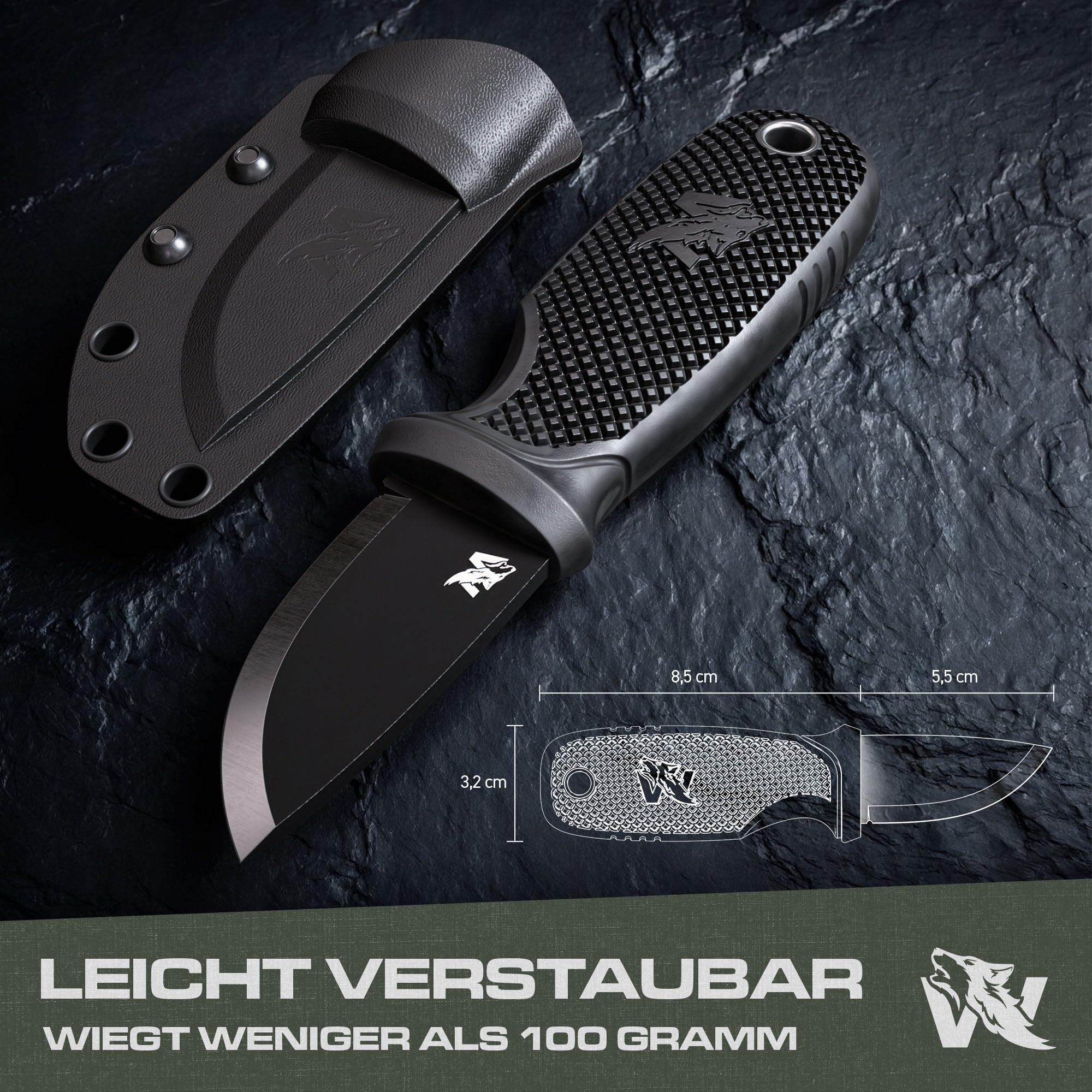 ODENWOLF W-MINI 2 Neck Knife aus D2 Stahl - Kleines EDC Messer Feststehend mit Holster und Feuerstahl - Outdoor Messer Klein und Handlich - Halskette