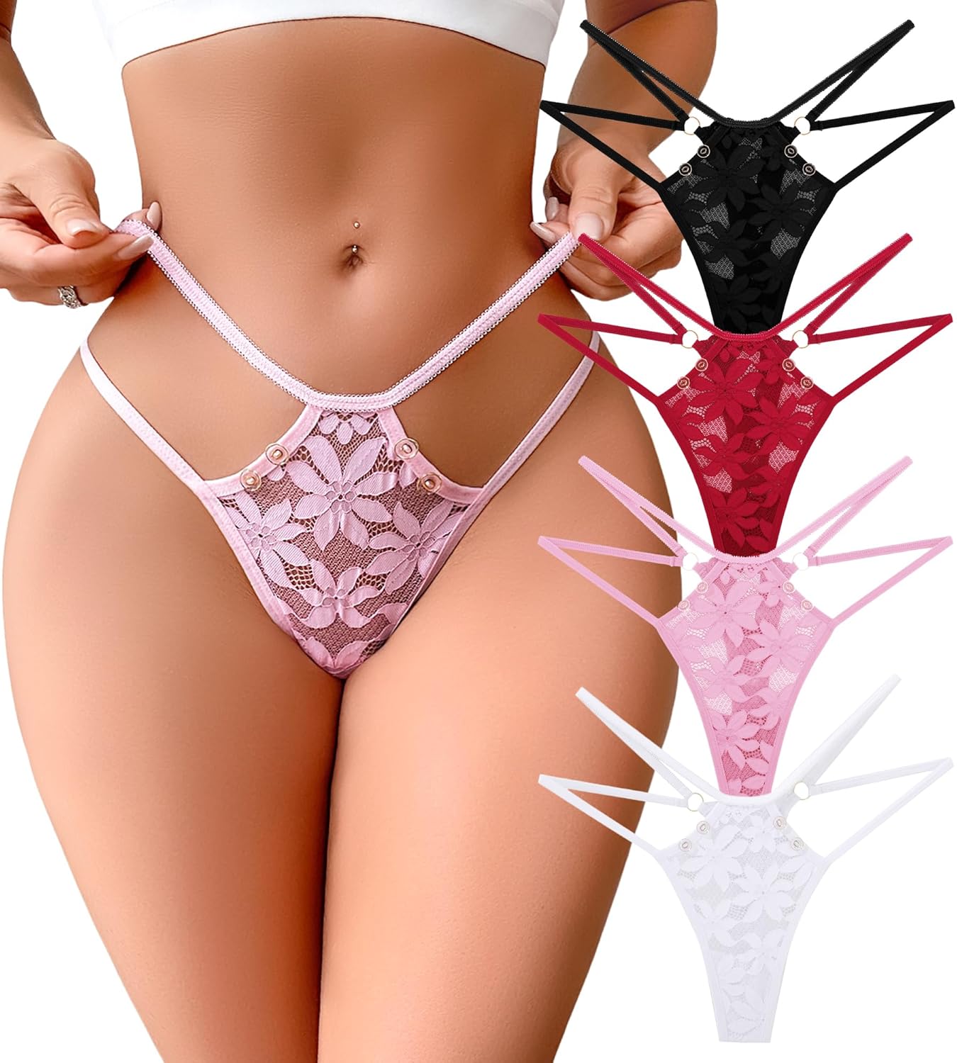 BFTBTY G-String Thongs for Women Sexy Lace Floral Hollow Out Cheeky Underwear Breathable No Show Invisible Panties 4 Pack