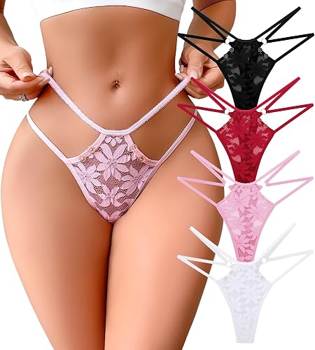 G-String Thongs for Women Sexy Lace Floral Hollow Out Cheeky Underwear Breathable No Show Invisible Panties 4 Pack