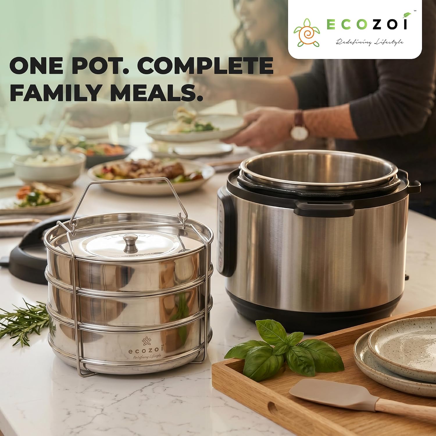 Ecozoi Stackable Steamer Insert Pans for 6 & 8 Quart, 3 Tier Pans Compatible with Instant Pot Pressure Cooker, Pot in Pot for Baking, Steaming & Casseroles, 2 Interchangeable Lids and Sling