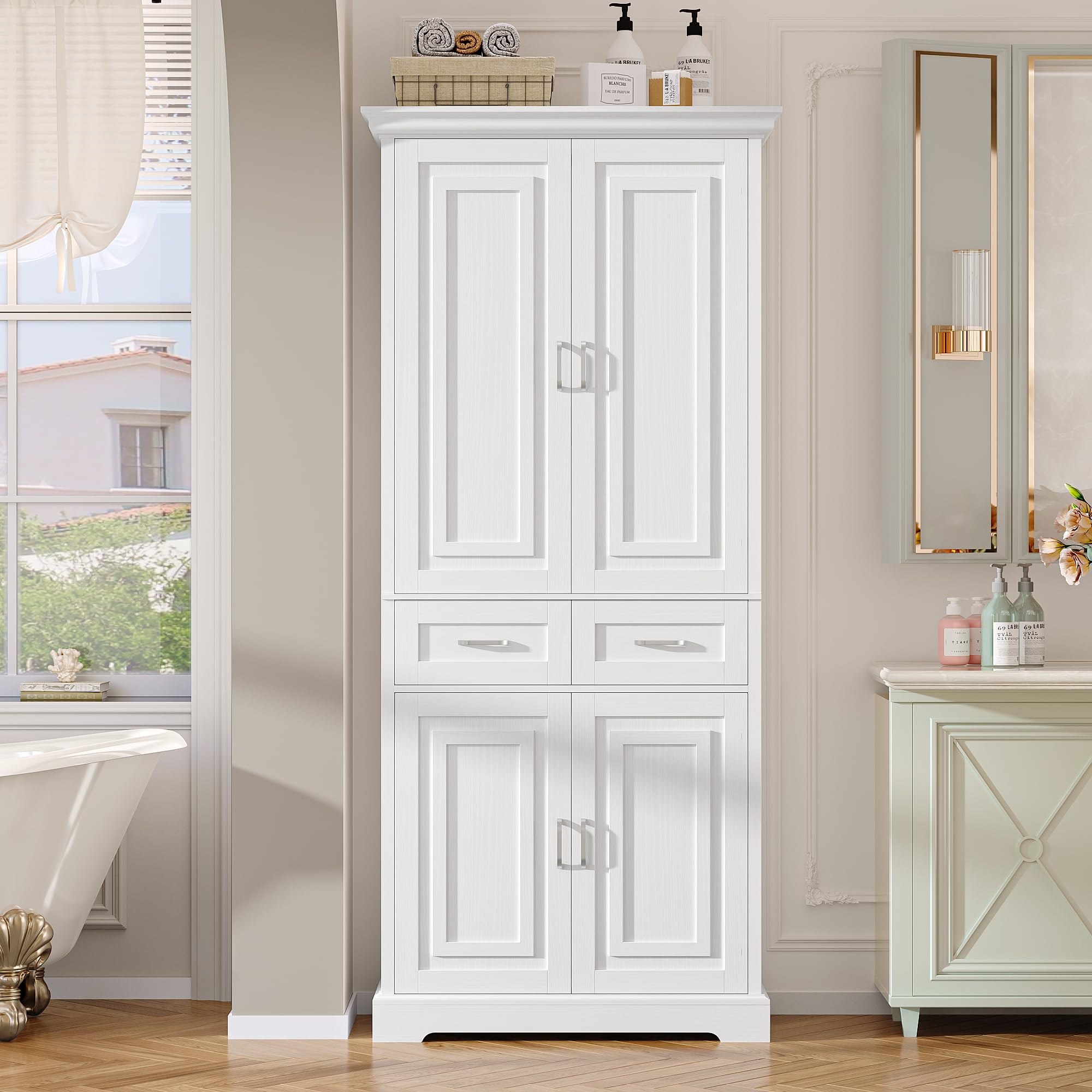 FirFurd 180,5 cm Credenza Cucina, Mobile Cucina con 4 Ante, Mobile Dispensa con 2 Cassetti, Credenza Alta a Ripiani Regolabili, 80x40x180,5cm, Bianco
