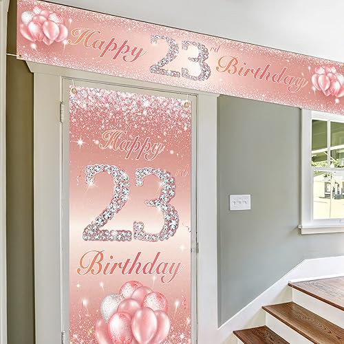 Miniatura 5 de Juego de carteles largos de feliz cumpleaños 23 para puerta, porche, decoración de cumpleaños de 23 años, suministros de fiesta para niñas, oro rosa