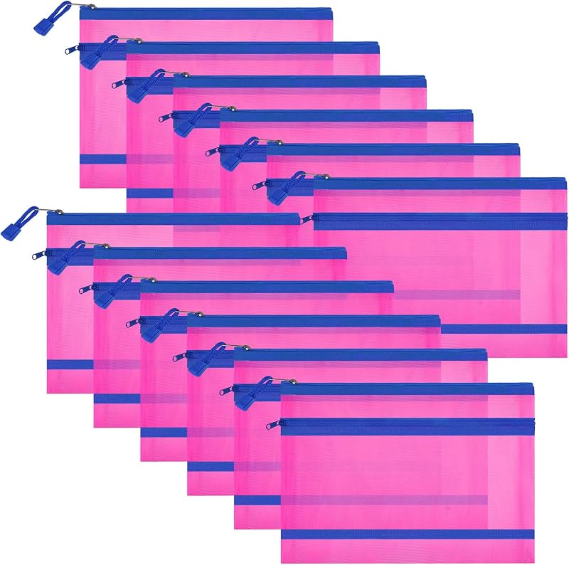 Sinzip 12 Necessaires de Malha de Nylon com Zíper, Dupla Camada, Rosa-Quente, A5