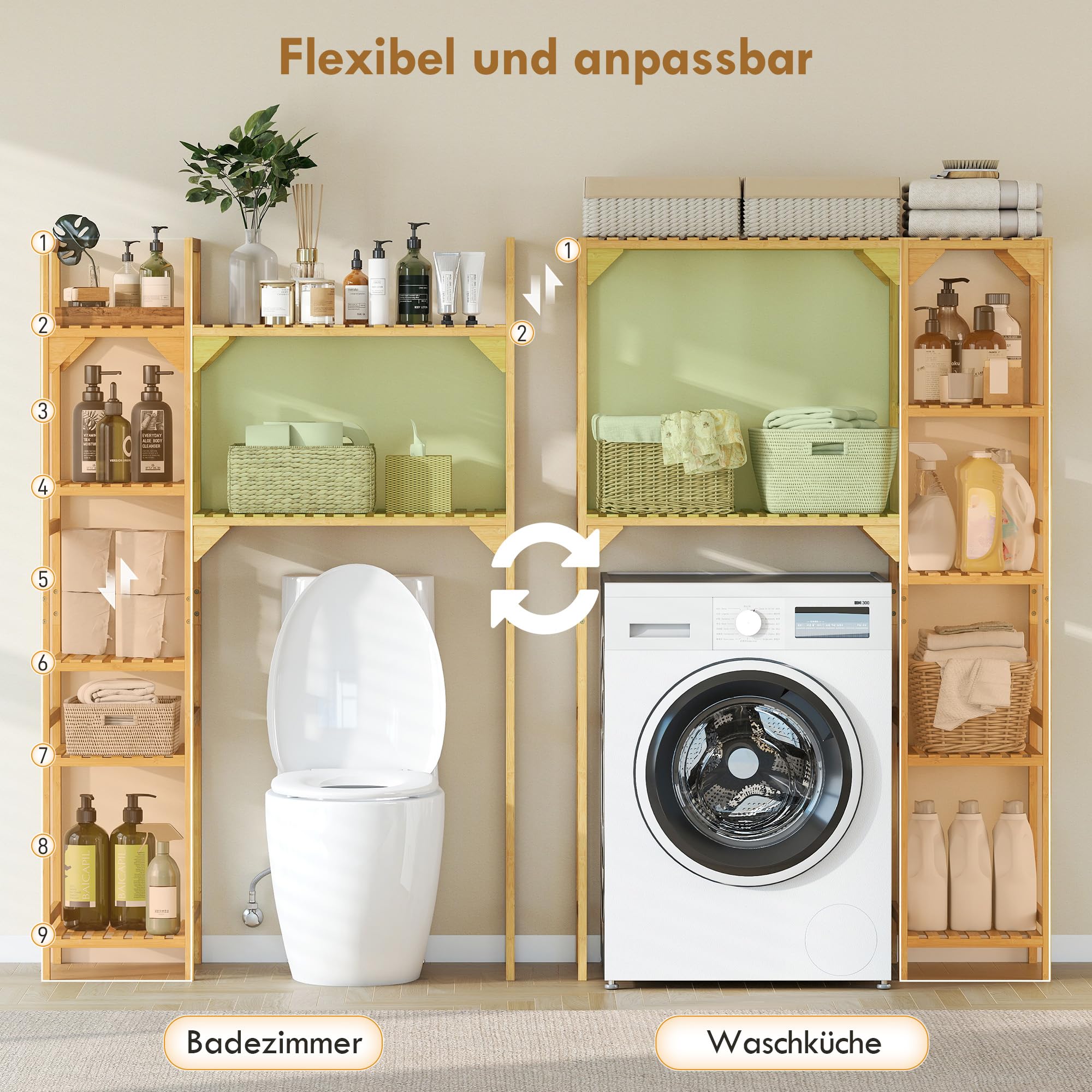 HOMCOM Waschmaschinenregal mit 7 Ebenen, Umkehrbaren Ablagen, Bambus Natur
