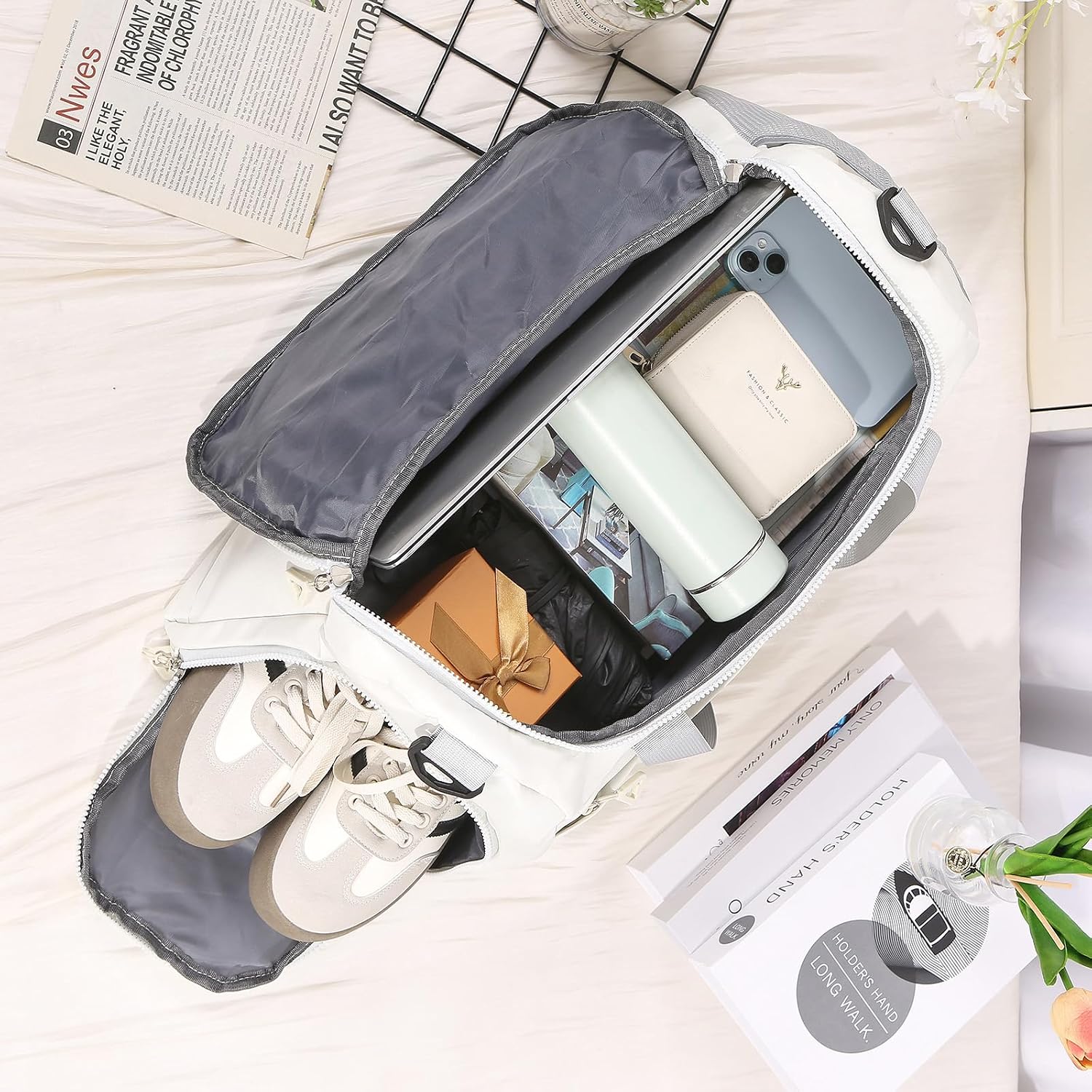 Personalized Travel Duffel Bag for Men: Multi-compartment with Shoulder Strap and Name - Gift for Birthday Weekend Holiday - for Friends Sport Traveler Lover (White)