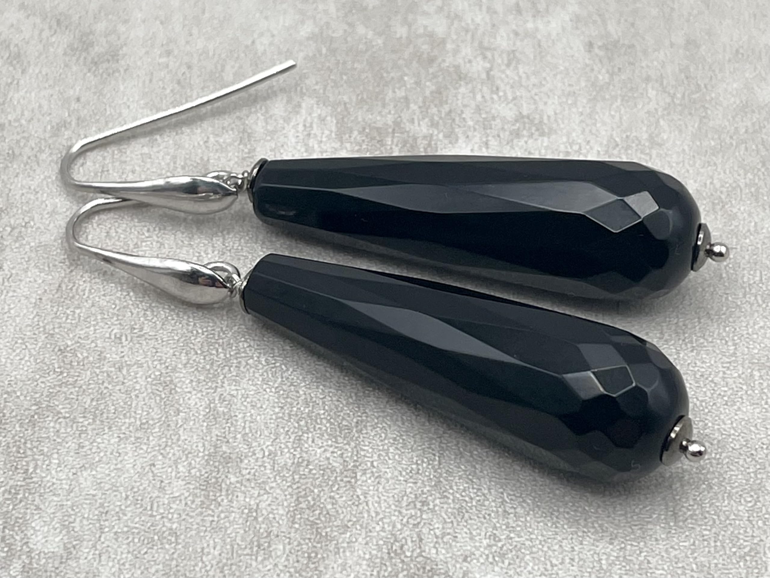 Orecchini con Gocce di Onice Nero Sfaccettato, Pendenti in Argento 925, Made in Italy, Gioielli Pietre Dure, Regalo per Lei