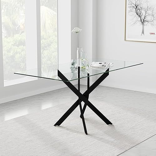 Miniatura 2 de Mesa de comedor de vidrio templado con patas de metal negro, mesa de cocina rectangular moderna de 47 pulgadas para cocina, comedor, oficina en casa
