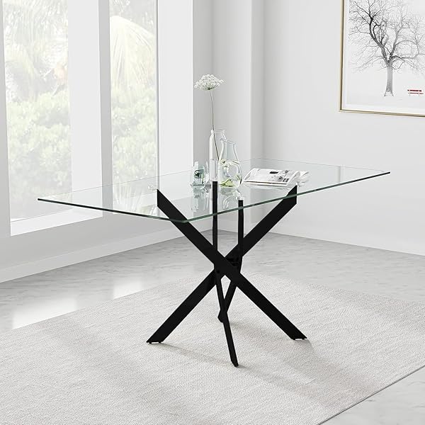 Industrial Glass Table with Black Legs