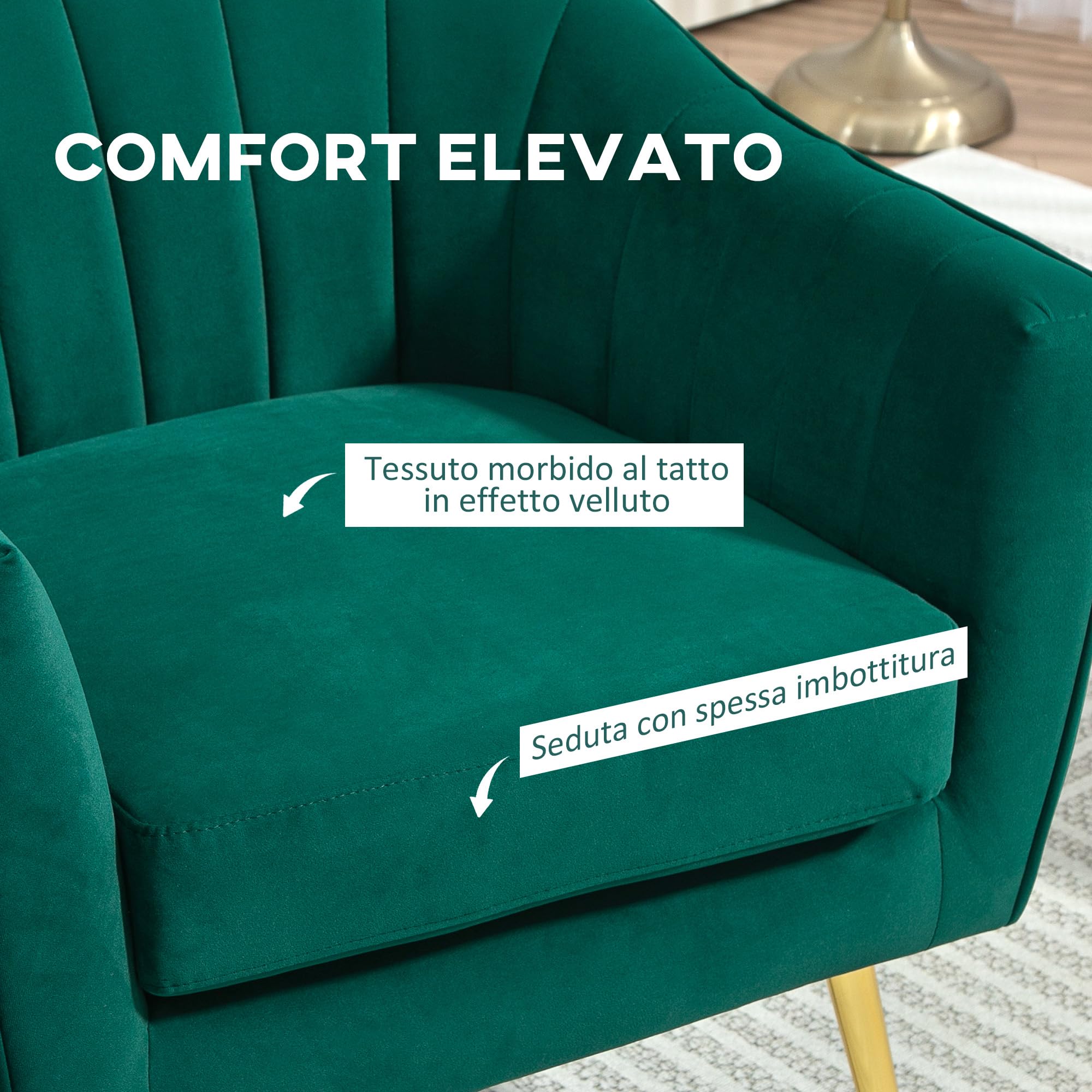 HOMCOM Poltrona da Salotto Imbottita con Braccioli e Schienale, Design Moderno, Gambe in Metallo (71x72x73 cm) Verde