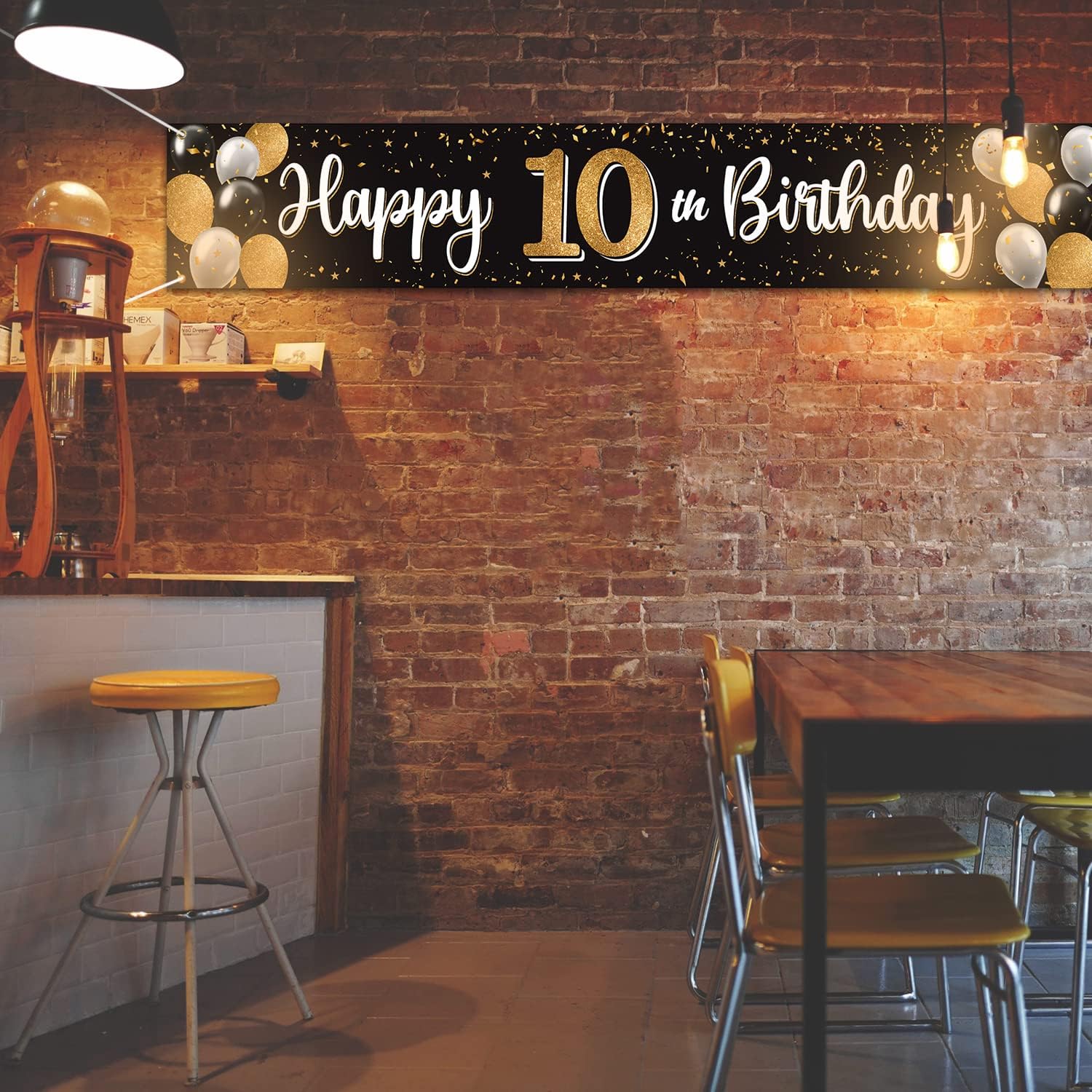 Happy 10th Birthday Decorations,10th Black & Gold Balloon Large Birthday Hanging Banner Sign,Cheers to Ten Years Old Bday Party Supplies.