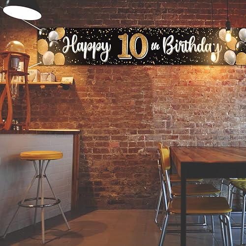 Vista 202 de Cartel de feliz cumpleaños 25 negro y dorado para patio, cartel de felicitación a 25 años de edad, telón de fondo fotoprop para el hogar, decoración