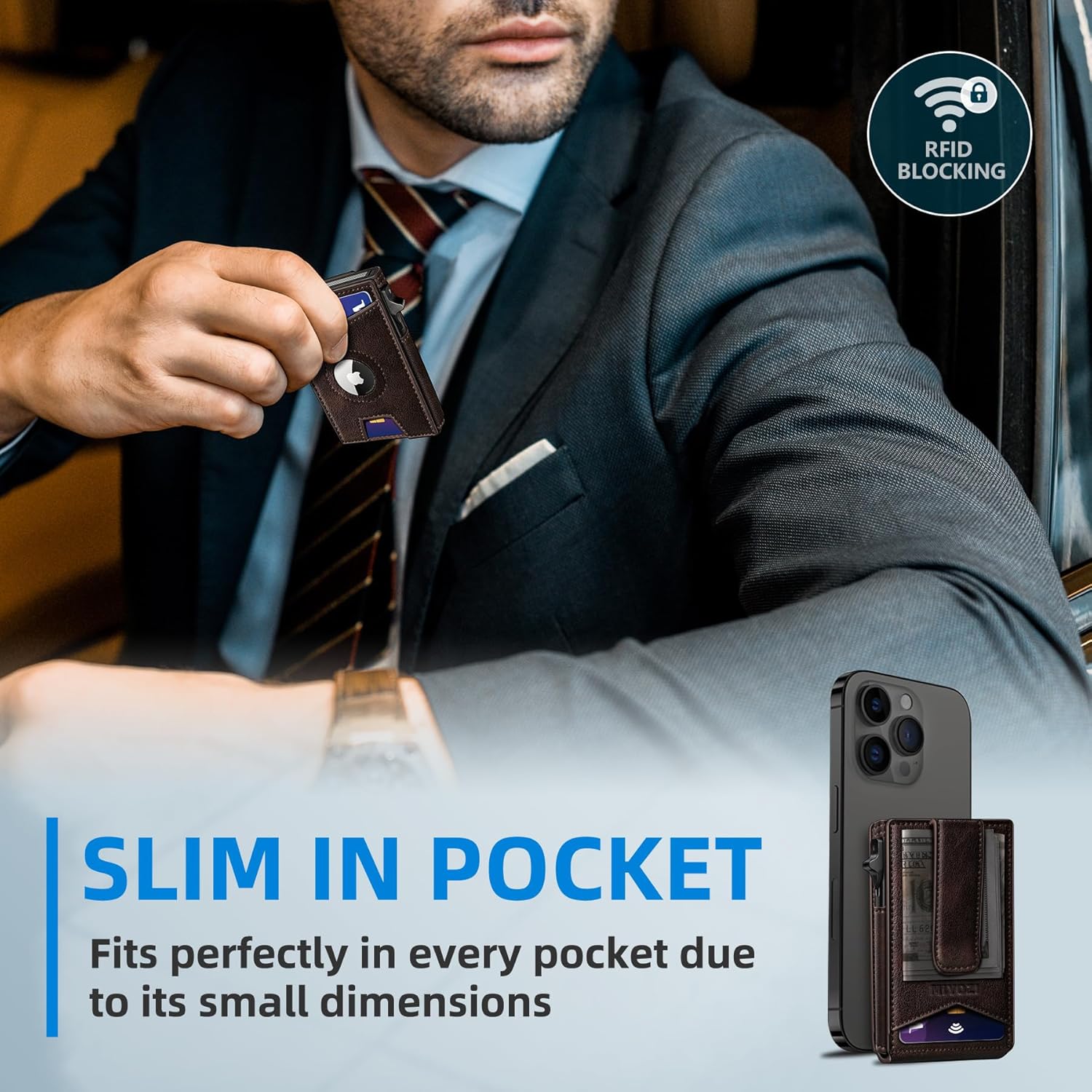 Airtag Wallet for Men Money Clip 9-Card Pop-Up Credit Card Holder with ID Window RFID Blocking Metal Case Magnetic Closure Front Pocket Wallet Gift Box - Image 8