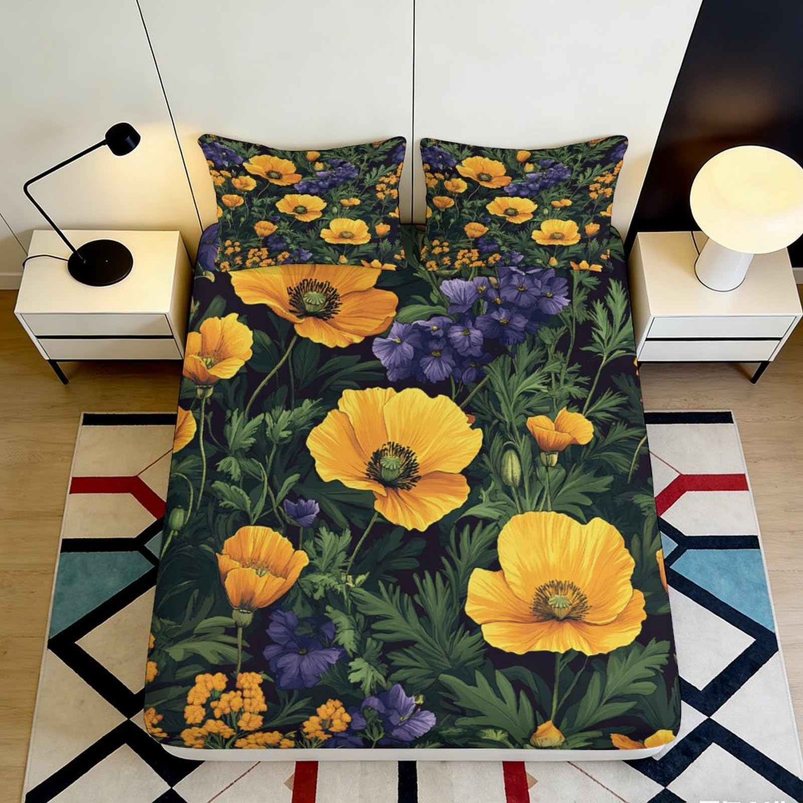 3D Printed Yellow Poppy Fitted Sheet Microfiber Soft Floral Purple Blossom Mattress Cover for Bedroom Home Decor 90x200x25cm
