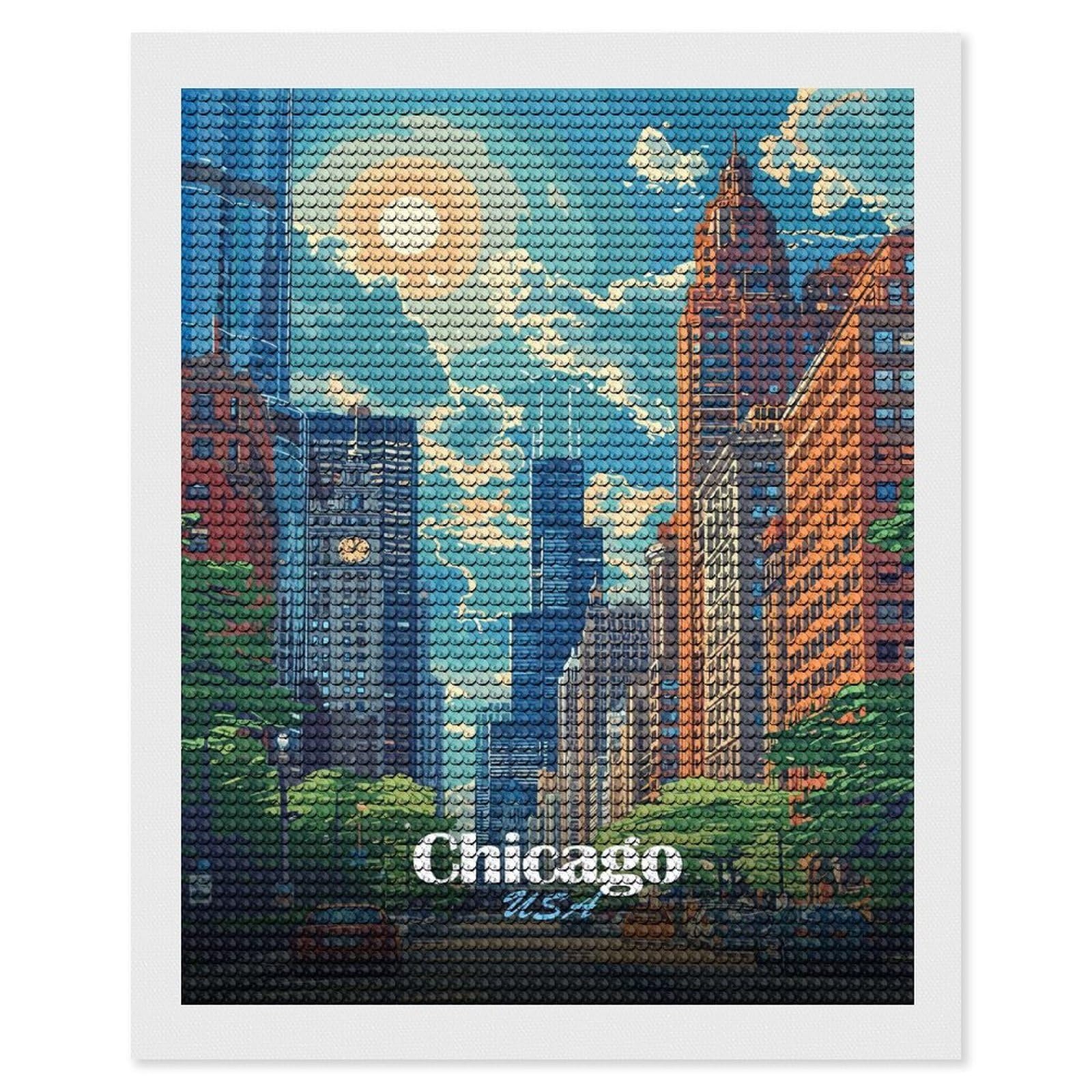 Junmoney Chicago Cityscape Illustration Diamond Art Canvas 16"x20", Decorate Your Room, Mindful Craft Activity, Cosy Home Accent, Thoughtful Handmade Gift