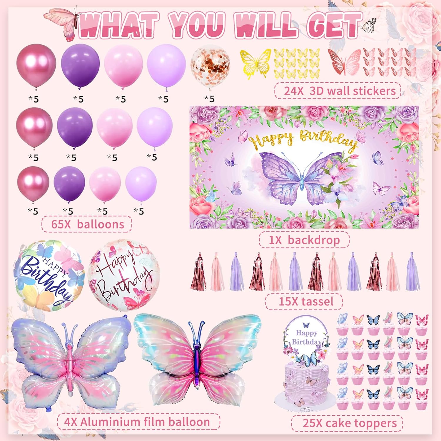 138PCS Butterfly Birthday Decorations for Girls, Butterfly Party Supplies Include Balloon Arch Butterfly Backdrop Foil Balloon 3D Butterfly Wall Decors Tablecloth Cake Topper Tassle - Image 2