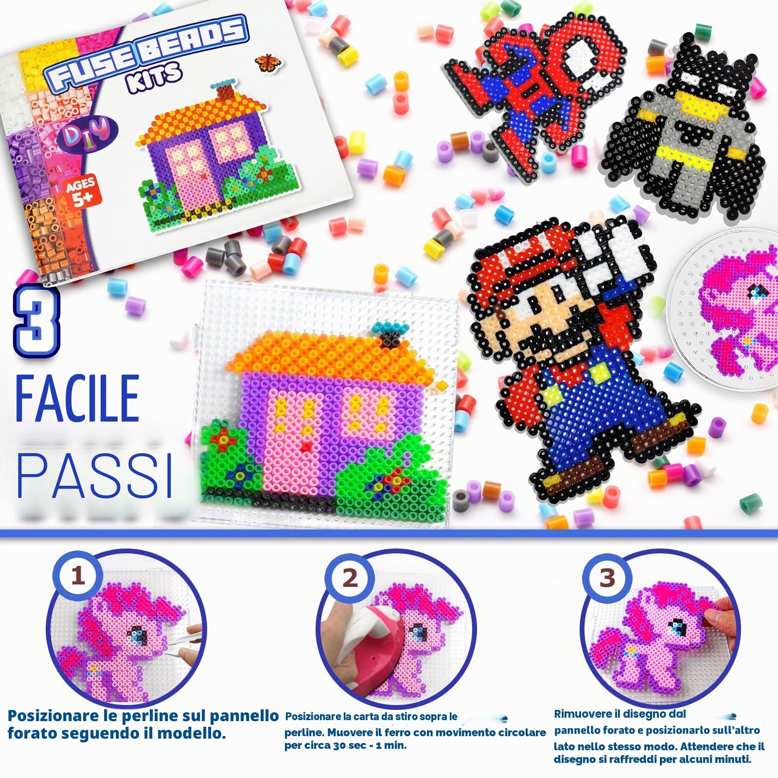 FunzBo Set Perline da Stirare 31000 Pezzi XXL - 48 Colori 5mm Perline in Confezione con Accessori e Scatola Portaoggetti per Bambini da 6 Anni, Adulti e Appassionati di Lavoretti