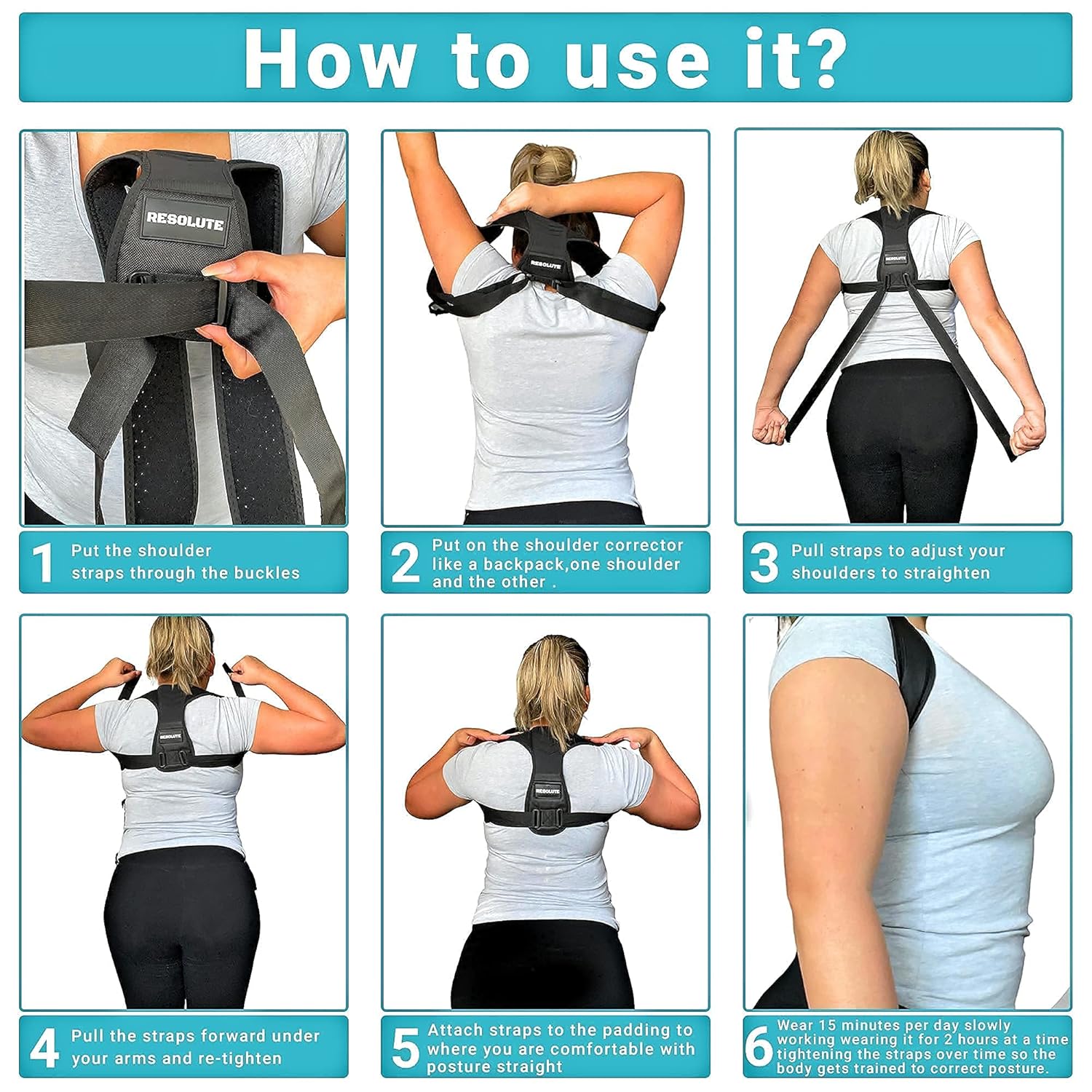 RESOLUTE Posture Corrector for Women and Men. Shoulder Brace Clavicle Support Back Pain Relief. Adjustable Back Support Straps. Longer Straps available to fit Big and Tall., Black, Large : Sports & Outdoors