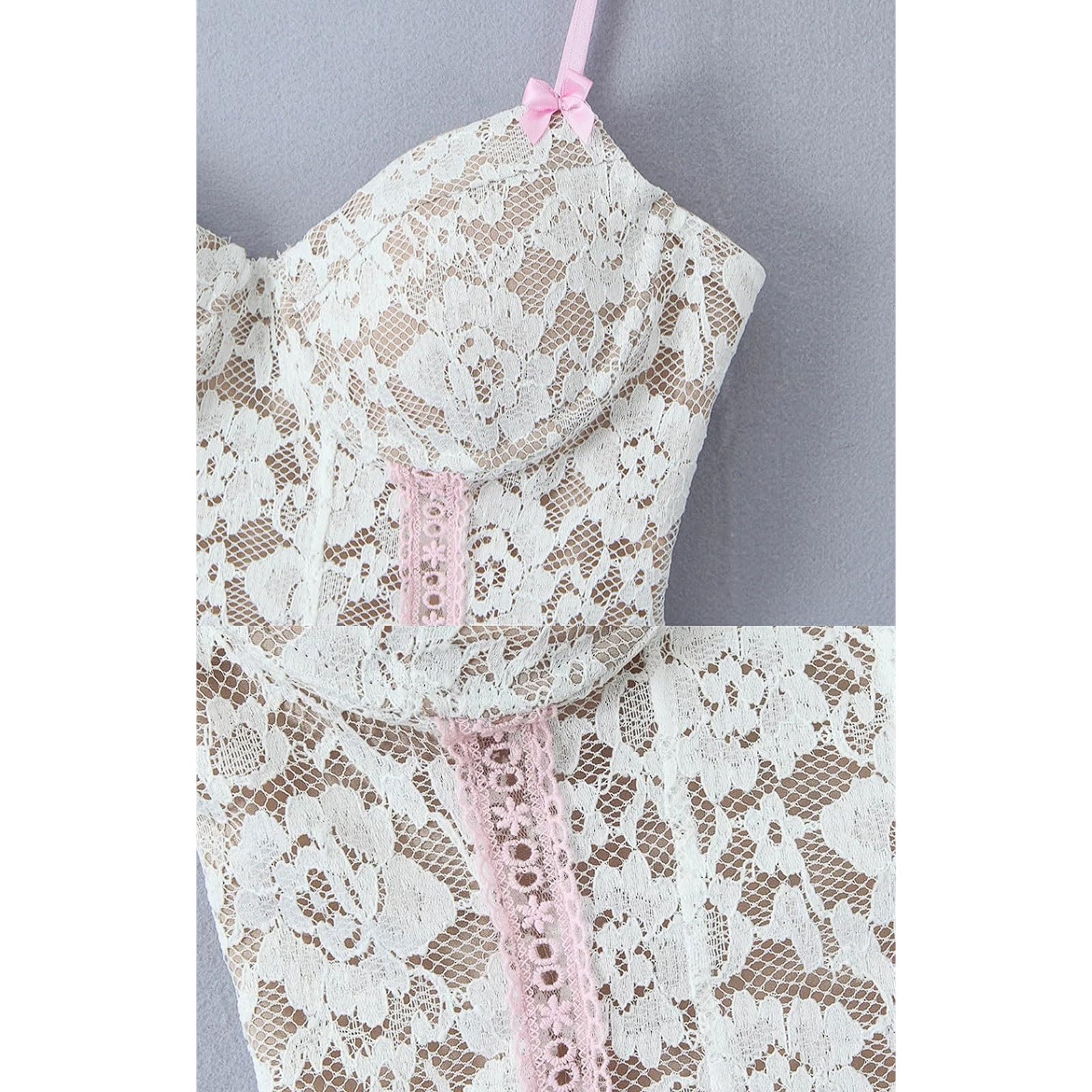 Top Halter con Adornos de Encaje, Lazo, Ojales y Detalles Amarre Camisola Ajustada sin Tirantes Dobladillo Irregular Blanco Cinta Rosa