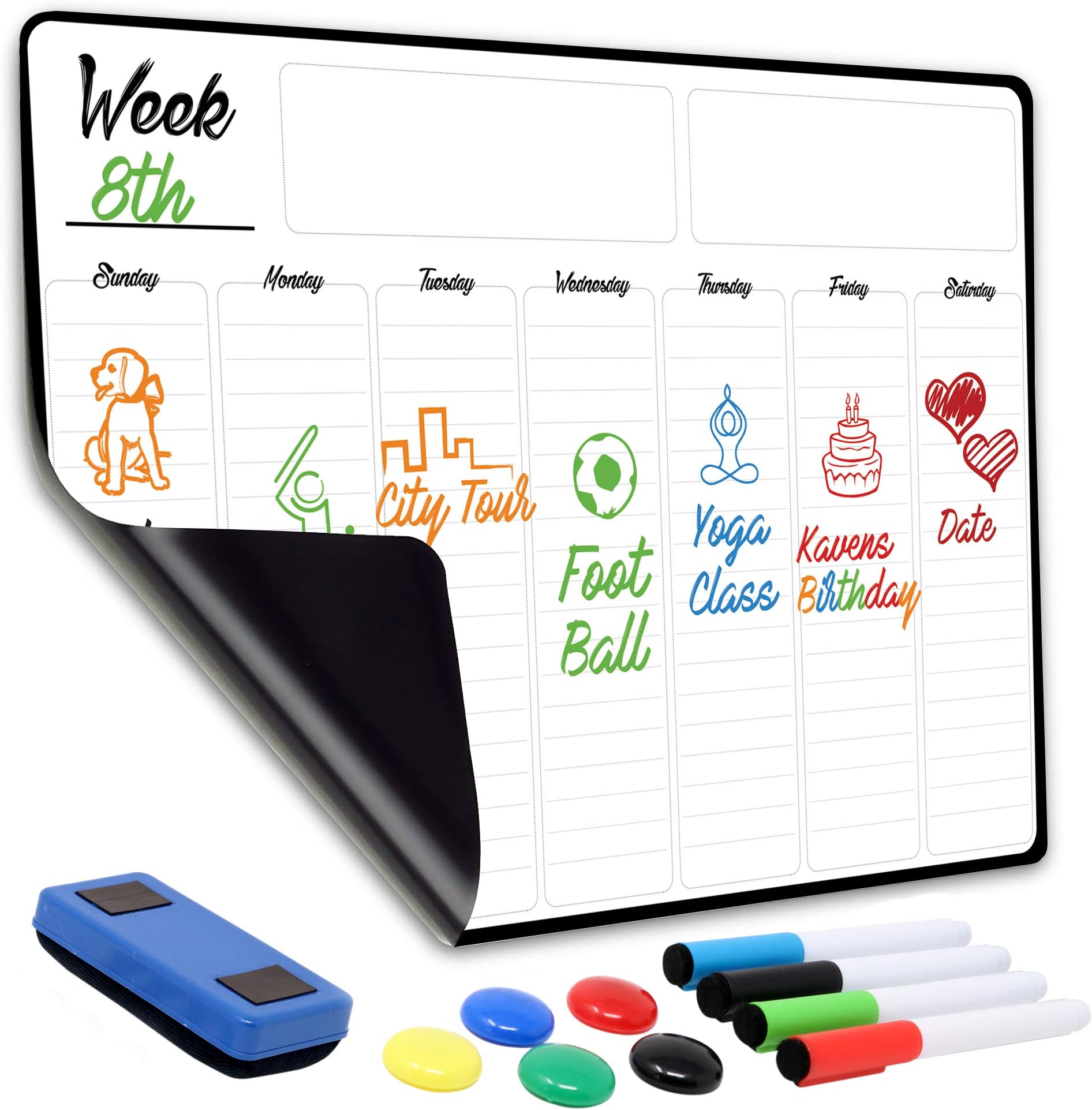 Weekly Dry Erase Board Magnetic Calendar |13" x 19" Large Magnetic White Board for Fridge & Wall, No GHOSTING |Includes Free Magnetic Eraser, 4 Markers & 5 Buttons |Smart Whiteboard Organizer Planner
