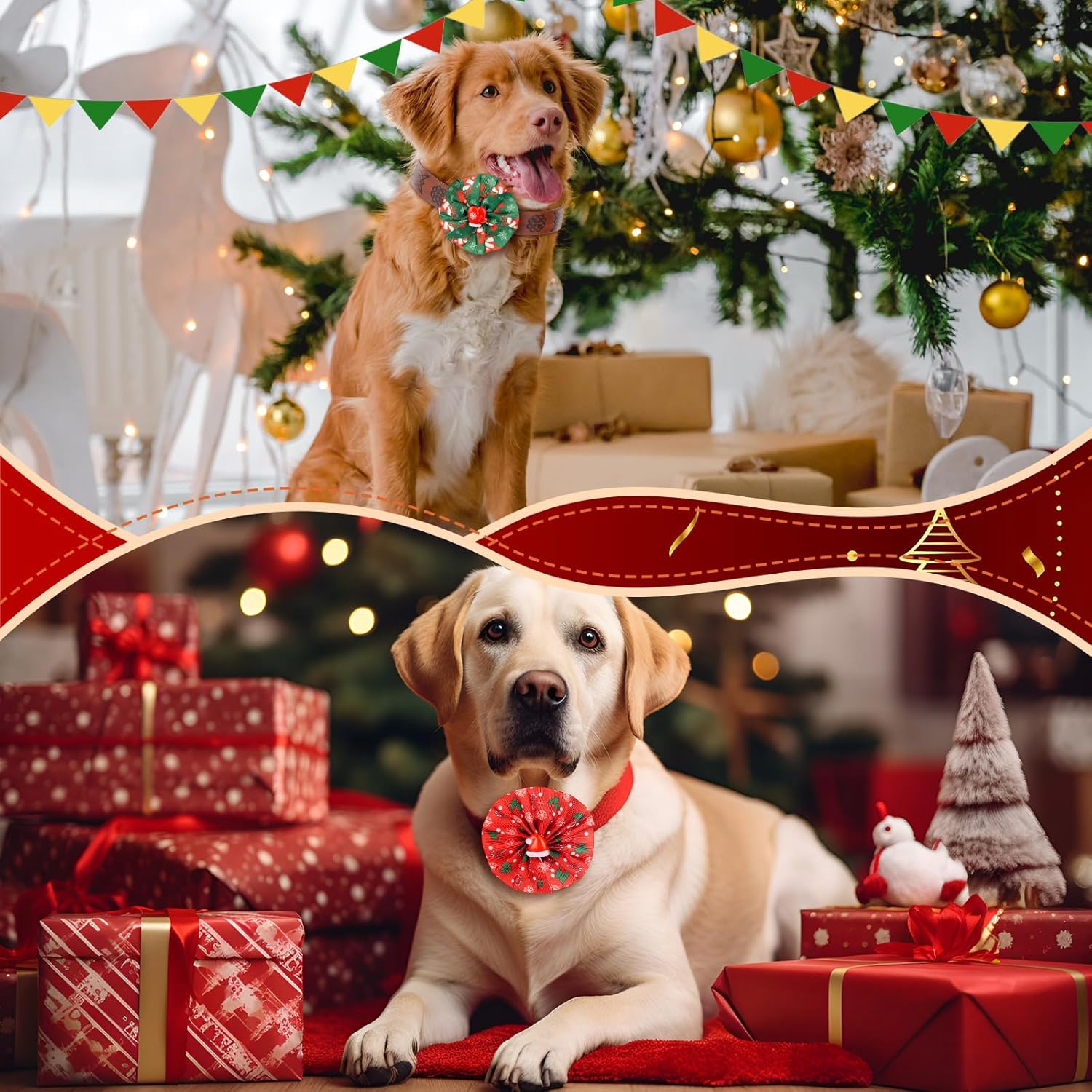Sumind 80 Pcs Christmas Dog Collar Bows Bulk Xmas Bow Ties Flowers Charms Grooming for Small Medium Large Dogs Cats Pet Holiday Party Decoration Costume Supplies