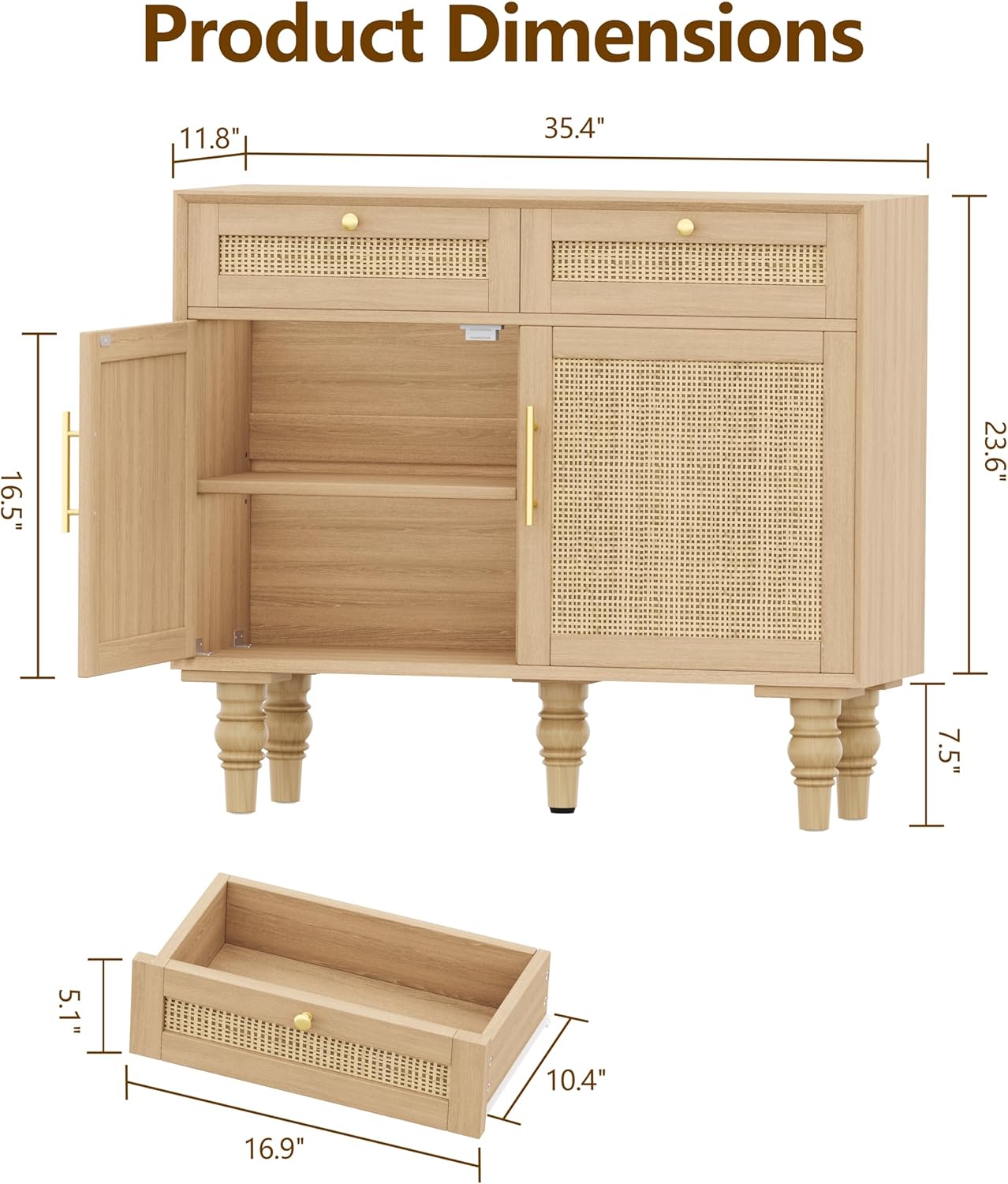35.4" Rattan Buffet Sideboard Cabinet with Storage, Boho Buffet Table with Adjustable Shelf & 2 Drawer, Floor Storage Cabinet with Solid Wood Legs for Kitchen, Dining Room and Living Room, Natural