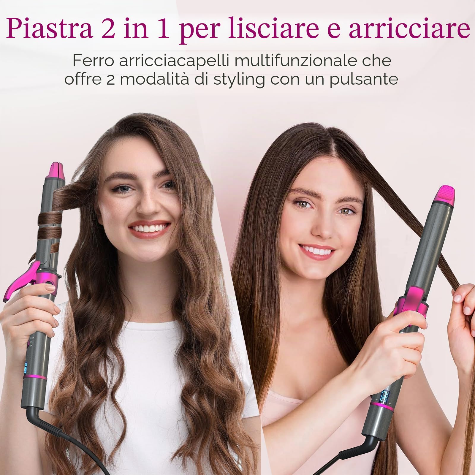 Piastra per Capelli e Arricciacapelli 2 in 1, rivestimento nano-titanio, curler Iron con display LCD, 27 temperatura regolabile, 00-230 ℃ ricci e levigatura Spazzola Phon (Magenta)