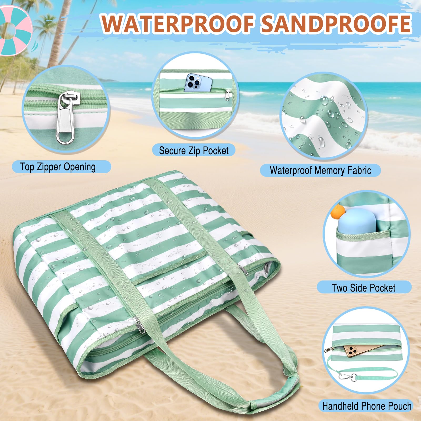 Bolso Playa Mujer, 45L Bolso Playa Grande XXL Familiar con Cremallera, Impermeable Bolso Piscina Mujer Plegable Compartimento para Artículos Mojados Para Viajes, Picnic, Vacaciones