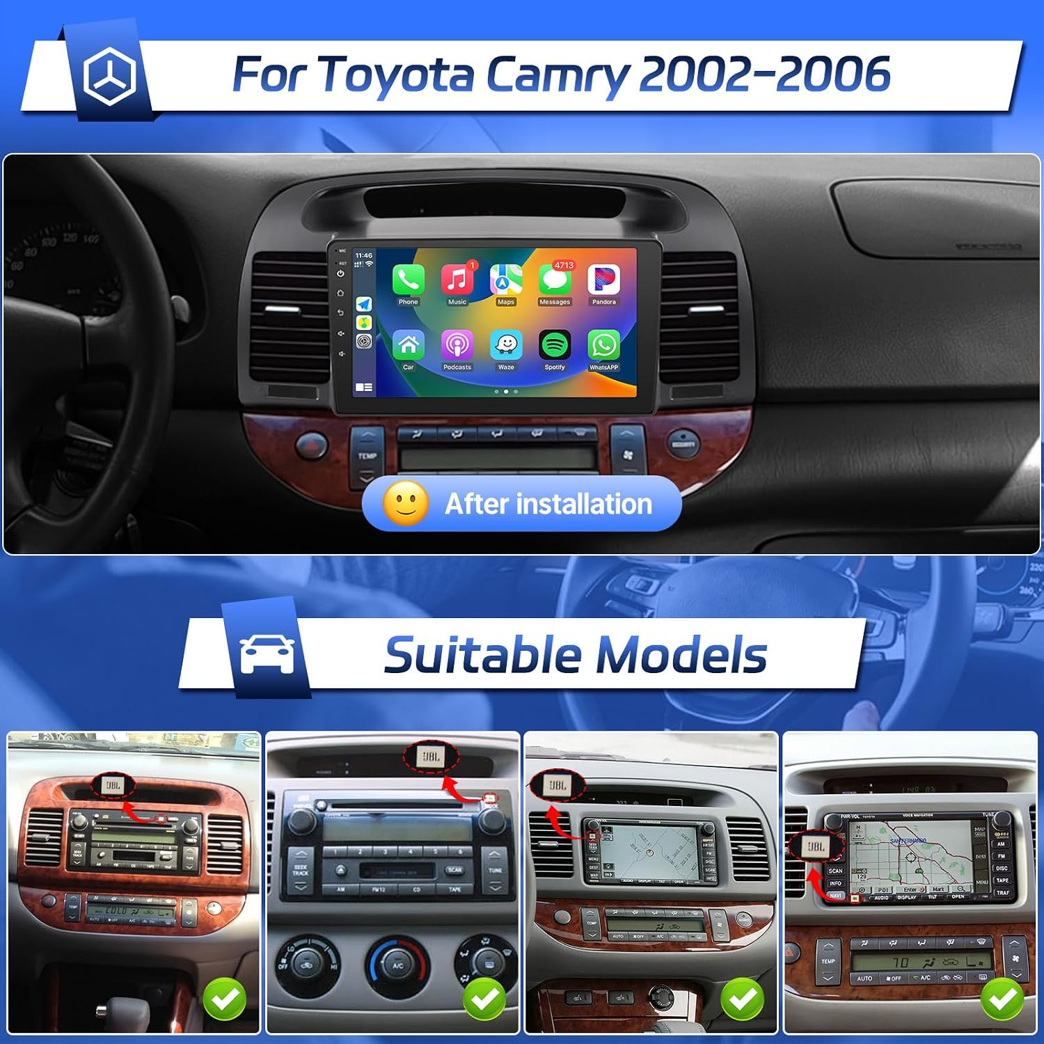 Image showing the Leadfan Android Car Radio installed in a Toyota Camry dashboard, with a comparison to the original radio setup.