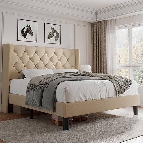 Miniatura 16 de iPormis Base de cama de plataforma de tamaño completo con cabecera capitoné con botones, marco de cama tapizado con listones de madera maciza, Gris