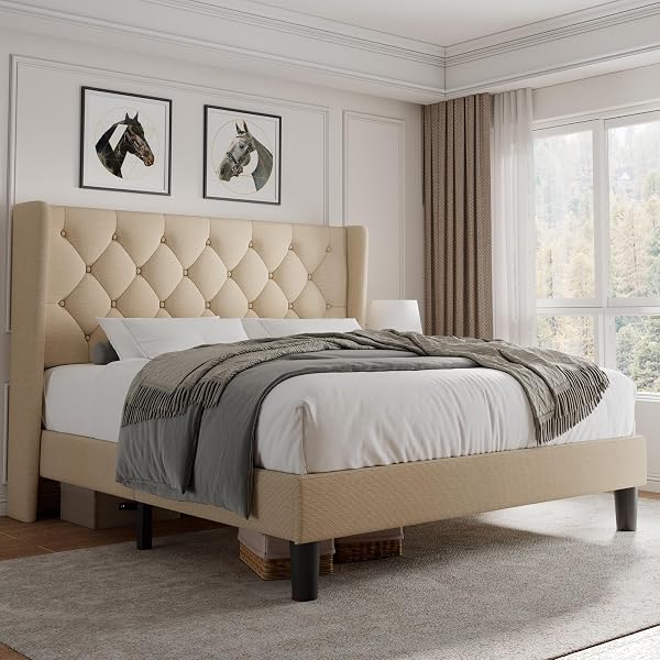 iPormis Upholstered Bed Frame with Headboard, Button Tufted Wingback Platform Bed Frame with Solid Wooden Slats, No Box