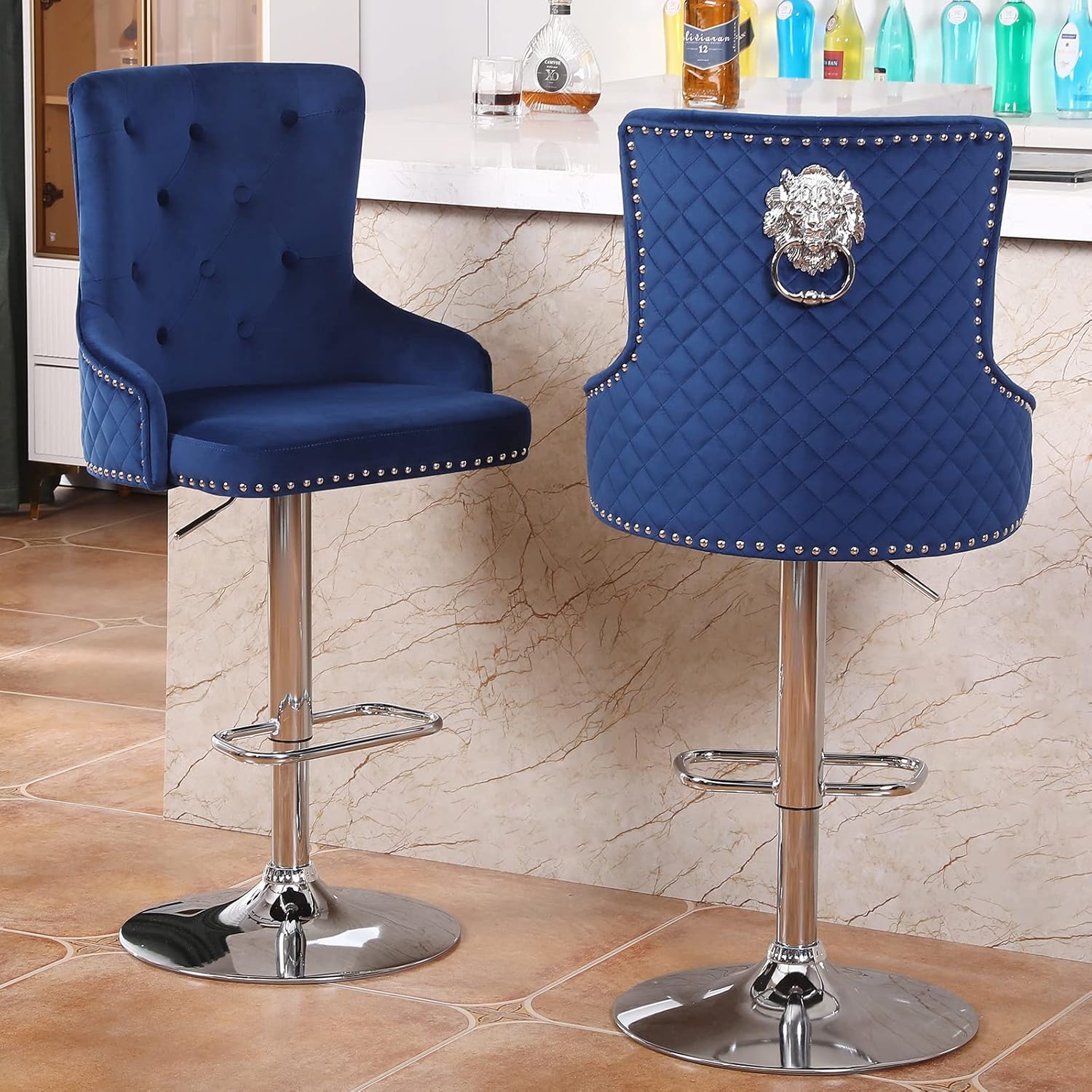 Chummaven Blue Barstools with High Tufted Back, Modern