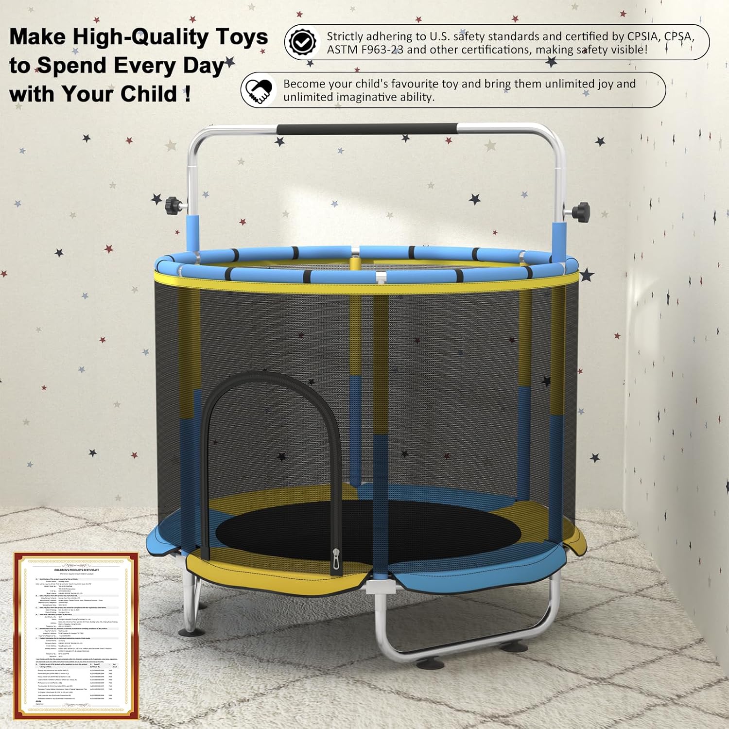60" Trampoline for Kids with Enclosure Net,500lbs Capacity Toddler Trampolines Indoor & Outdoor,Kids Trampoline with 5ft Adjustable Gymnastic Bar,Gift for Boys & Girls