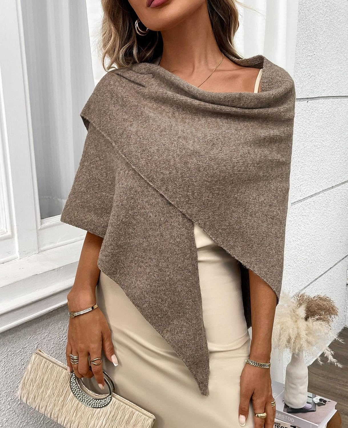 Womens Knitted Shawl Wraps Casual Solid Color Cape Scarf Comfortable Triangle Pashmina Shoulder Sweater - Image 2