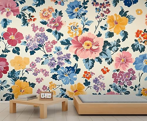Miniatura 18 de Mural de pared floral retro, papel tapiz de barra de flores coloridas de mediados de siglo, papel tapiz rústico floral 3D impermeable para Retro