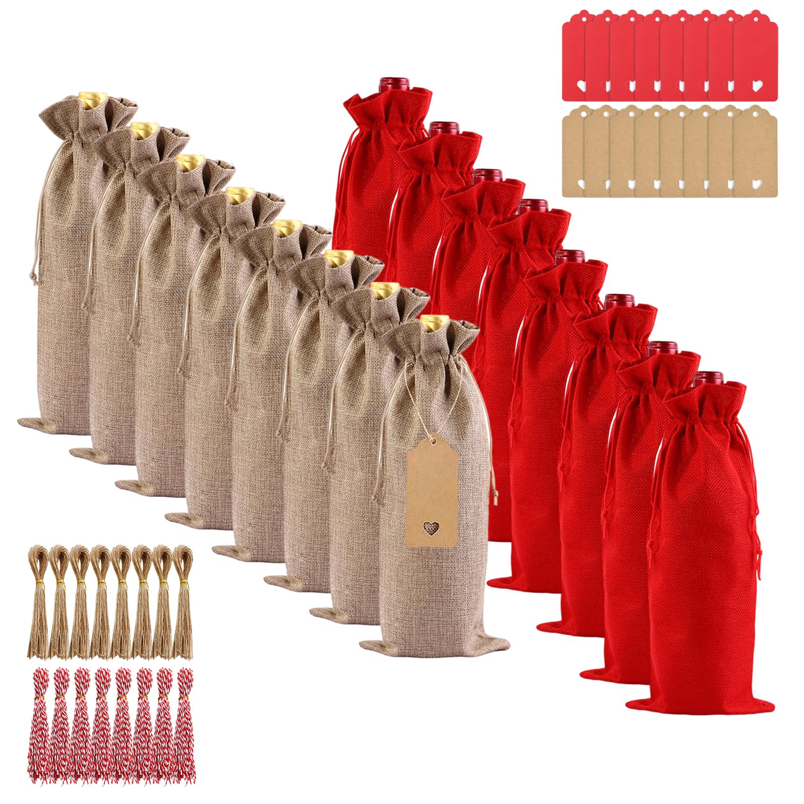 16 Pcs Burlap Wine Gift Bags, Bottle Bags for Wine with Hang Tag And Hemp Rope, Jute Drawstring Gift Bag for Christmas Weddings Birthdays Holidays and Parties