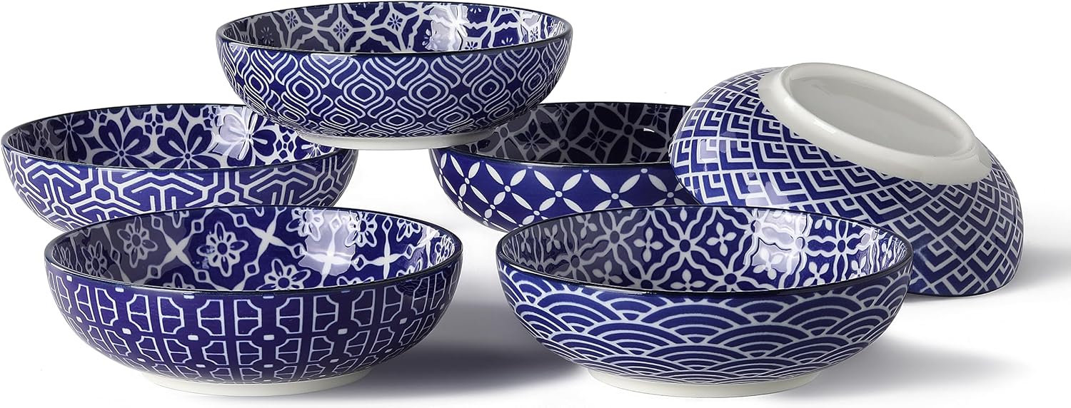 Metahom Small Dessert Bowls, Ceramic Snack Bowls for Kitchen, 11 Oz Colorful Shallow Bowl Set for Ice Cream, Condiments, Side Dishes, Set of 6, Dishwasher & Microwave Safe