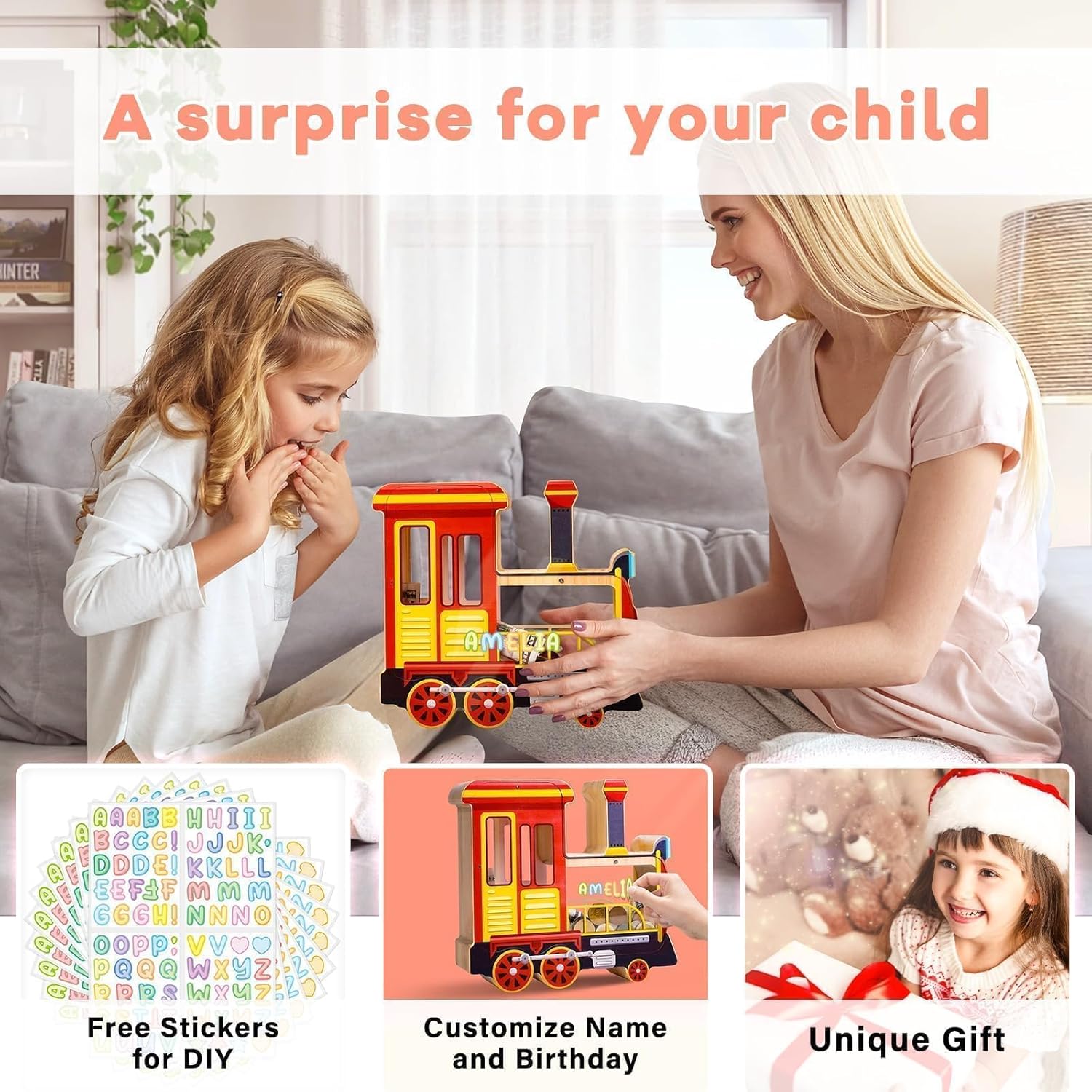 Wooden Locomotive Piggy Bank for Kids, Train Kids Money Box for Boys, Unbreakable Toddler Coin Jar for Boys Girls, Coin Bank with Stickers for Birthday Gifts, Educational Toys, Home Decor